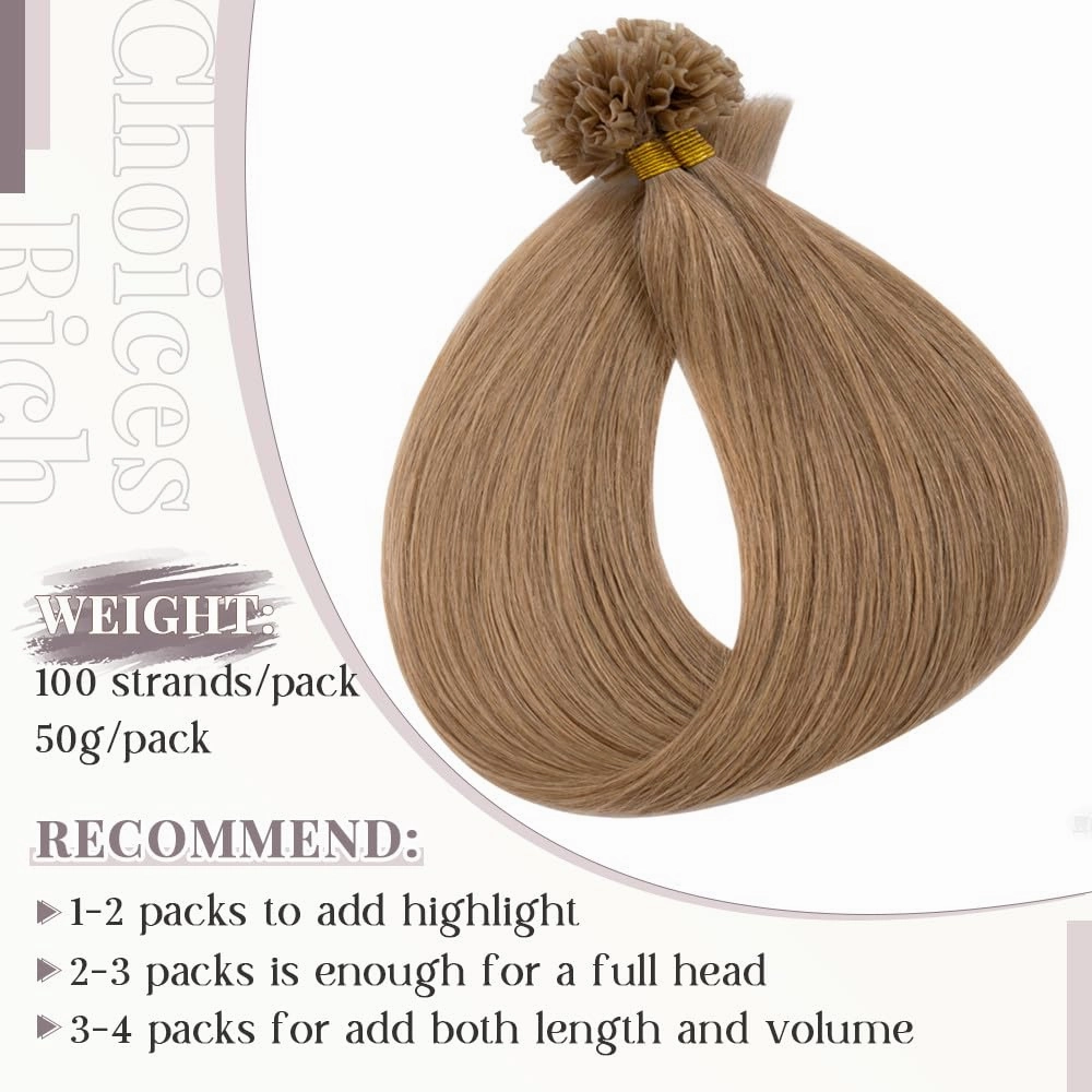 Rich Choices U Tip Hair Extensions Human Hair, 100 Strands 0.5g/Strand K Tip Real Remy, 22 Inch #12 Golden Brown