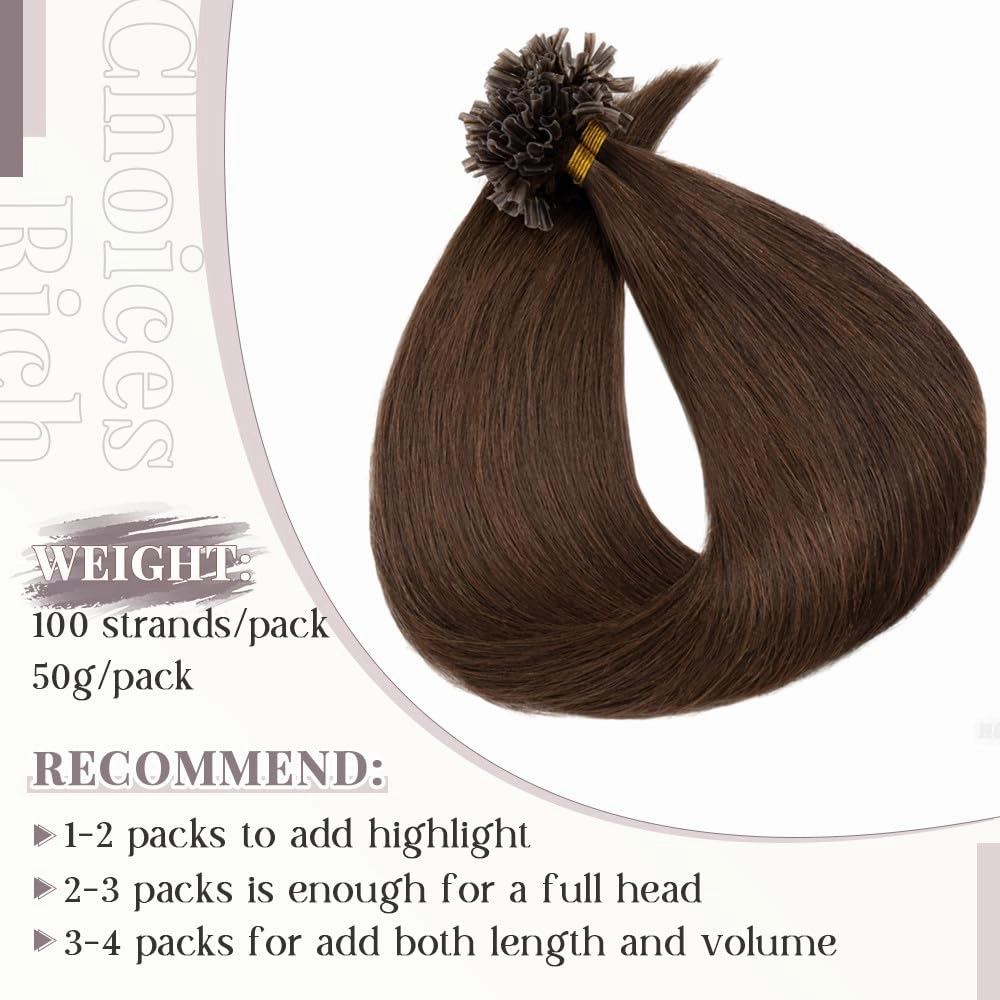 Rich Choices U Tip Hair Extensions Human Hair,100 Strands 0.5g/Strand K Tip Real Remy Human Hair Extensions Nail Tip K Tip Keratin Fusion Hair Extension For Women 16 Inch #4 Medium Brown