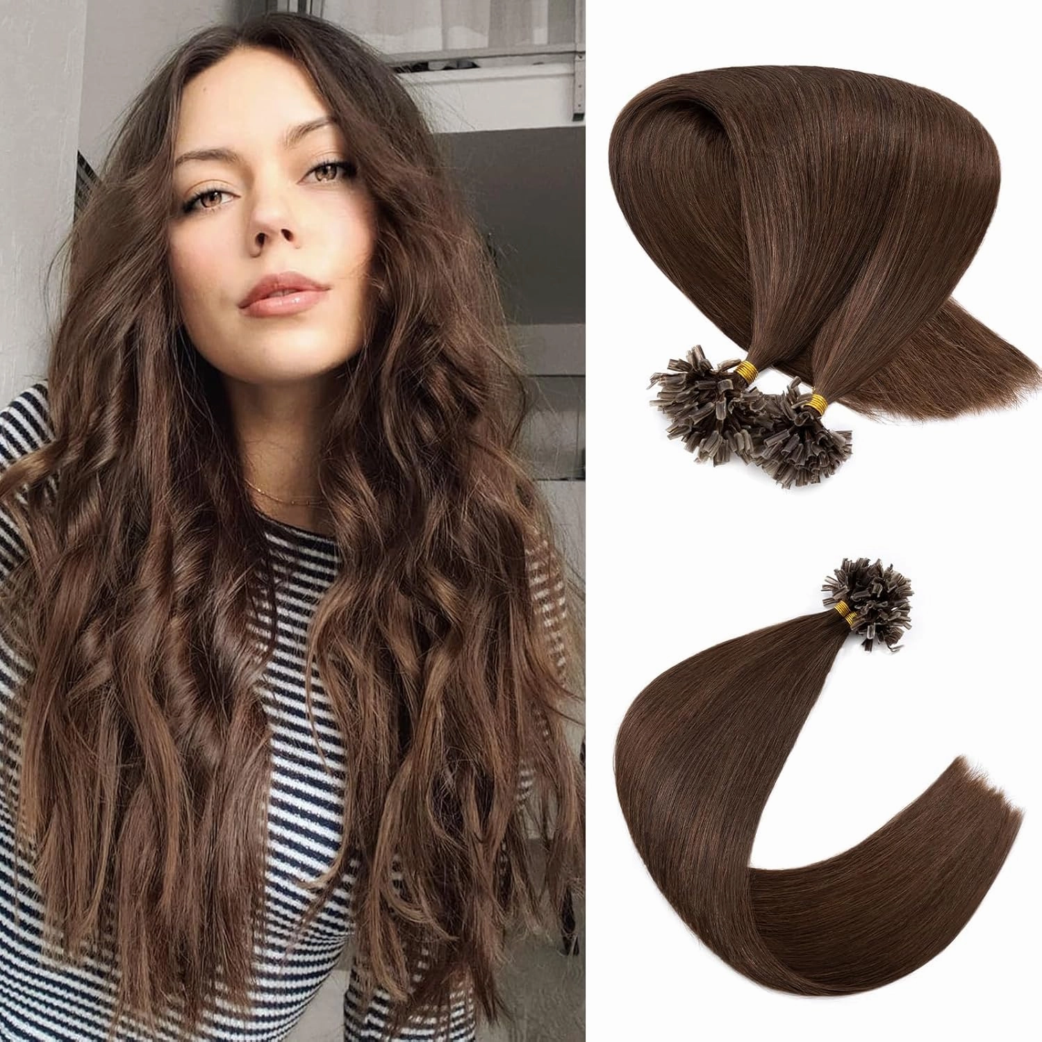 Rich Choices U Tip Hair Extensions Human Hair,100 Strands 0.5g/Strand K Tip Real Remy Human Hair Extensions Nail Tip K Tip Keratin Fusion Hair Extension For Women 16 Inch #4 Medium Brown