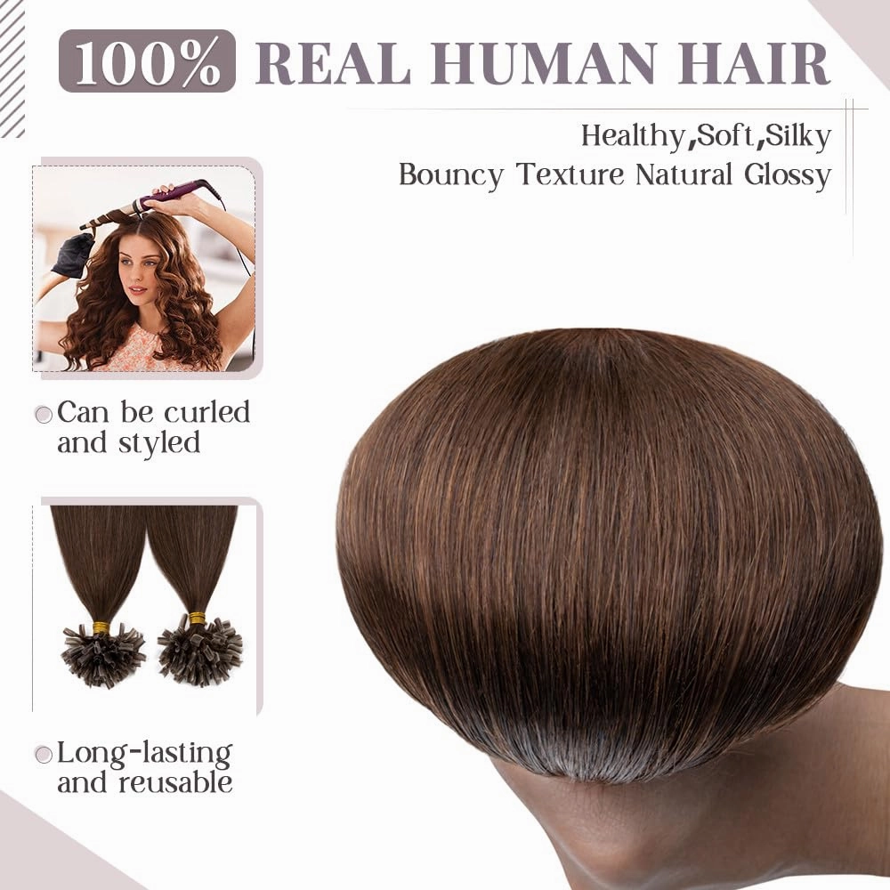 Rich Choices U Tip Hair Extensions Human Hair,100 Strands 0.5g/Strand K Tip Real Remy Human Hair Extensions Nail Tip K Tip Keratin Fusion Hair Extension For Women 16 Inch #4 Medium Brown