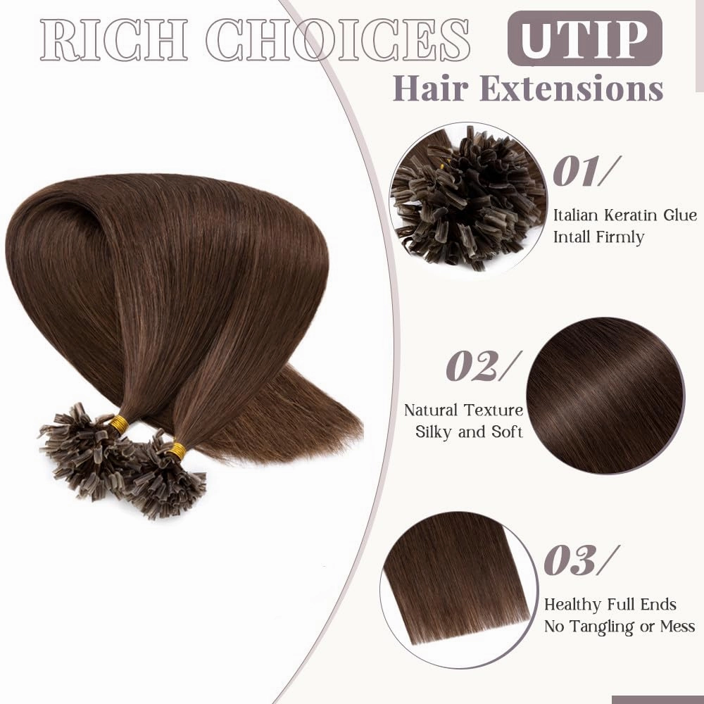 Rich Choices U Tip Hair Extensions Human Hair,100 Strands 0.5g/Strand K Tip Real Remy Human Hair Extensions Nail Tip K Tip Keratin Fusion Hair Extension For Women 16 Inch #4 Medium Brown