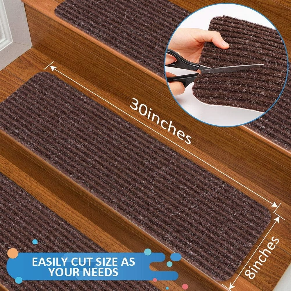 RIOLAND Stair Treads Carpet Non-Slip Indoor Stair Runners for Wooden Steps, Stair Rugs for Kids and Dogs, Set of 15, 8" X 30", Brown