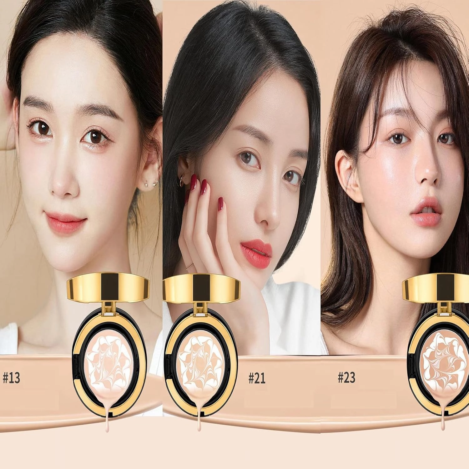 RJDJ Mzv Air Cushion Bb Cream Waterproof Foundation, Mzv Water Bead Tricolor Latte Concealer Cushion Bb Cream, Long-Lasting Moisturizing Concealer, Natural Makeup Concealer for Women (21# 23#)