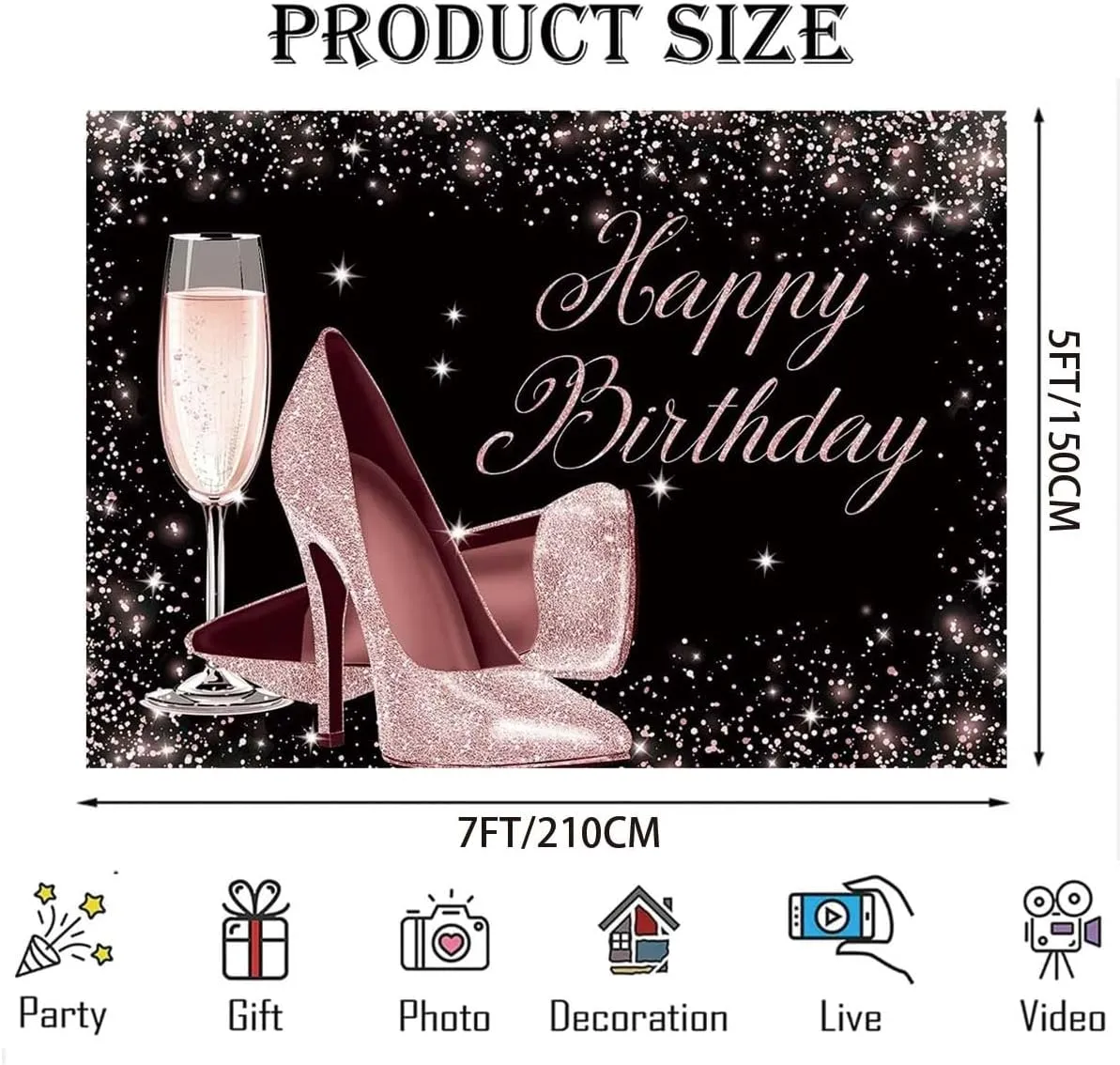 Rose Gold Glitter Happy Birthday Backdrop High Heels Champagne Glass Background for Adult Women Birthday Party Backdrop Glitter Champagne Heels Black Gold Sequin Dots Bday Party Banner,7x5feet