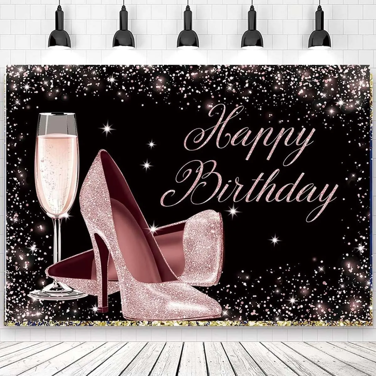 Rose Gold Glitter Happy Birthday Backdrop High Heels Champagne Glass Background for Adult Women Birthday Party Backdrop Glitter Champagne Heels Black Gold Sequin Dots Bday Party Banner,7x5feet