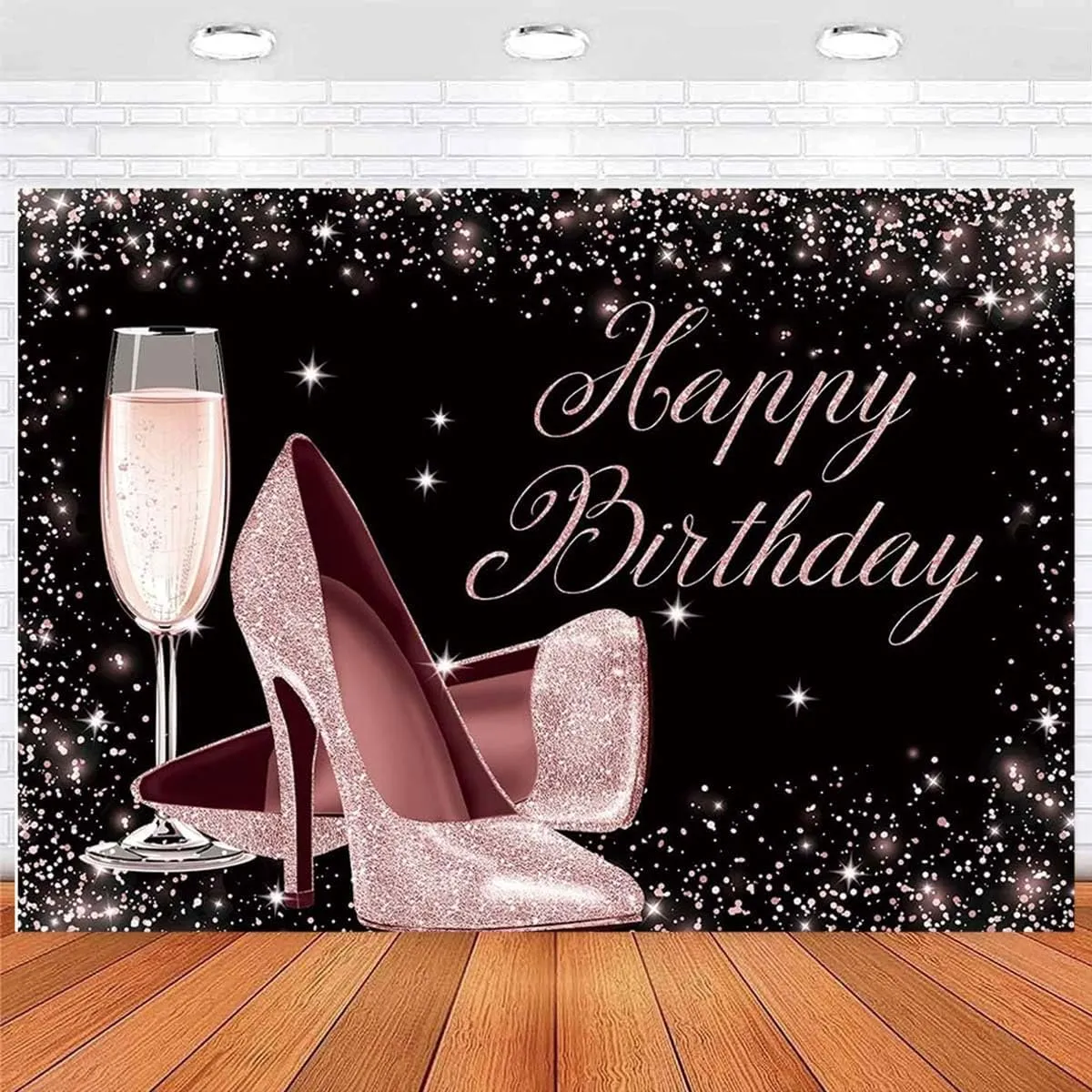 Rose Gold Glitter Happy Birthday Backdrop High Heels Champagne Glass Background for Adult Women Birthday Party Backdrop Glitter Champagne Heels Black Gold Sequin Dots Bday Party Banner,7x5feet
