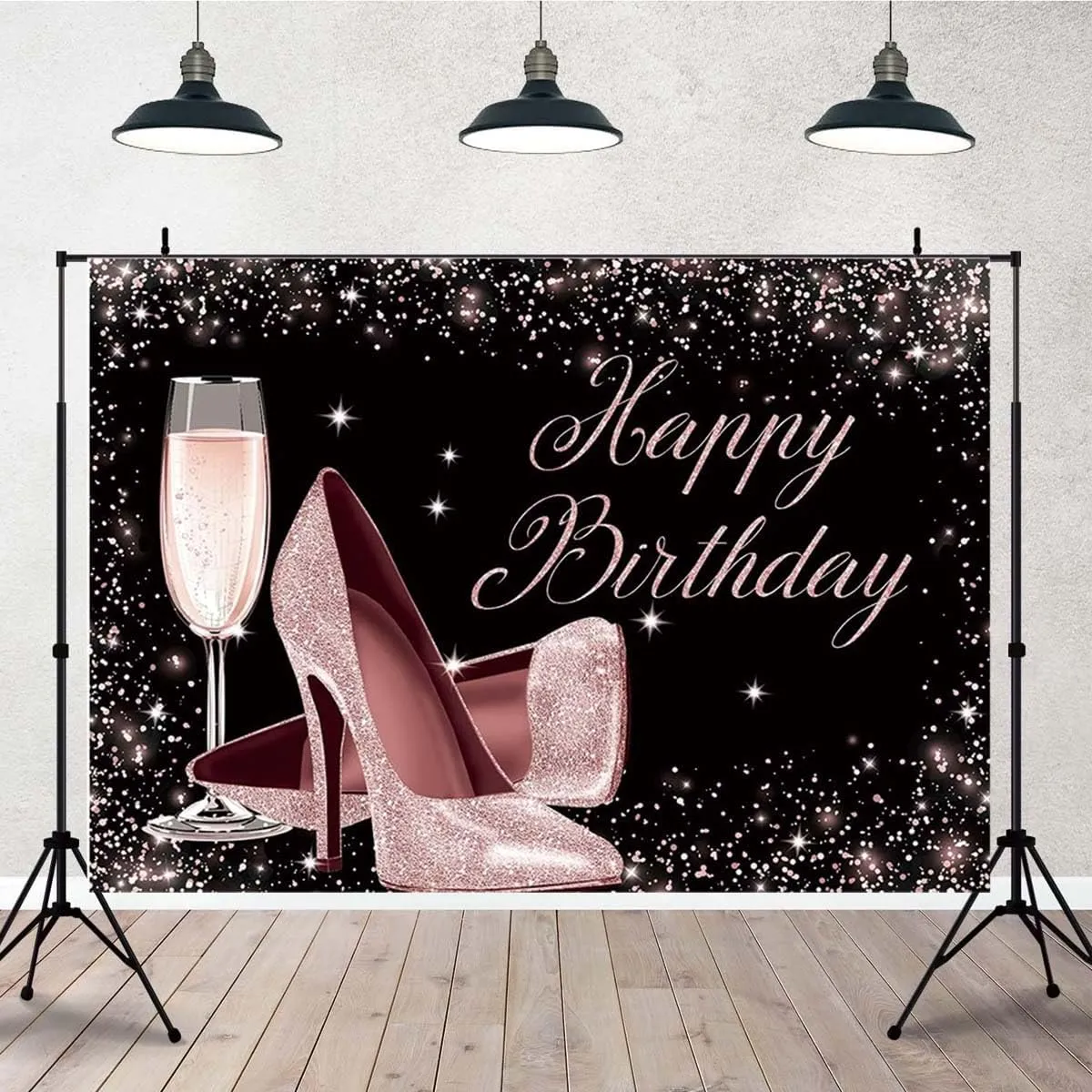 Rose Gold Glitter Happy Birthday Backdrop High Heels Champagne Glass Background for Adult Women Birthday Party Backdrop Glitter Champagne Heels Black Gold Sequin Dots Bday Party Banner,7x5feet