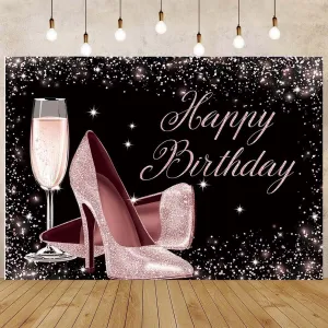Rose Gold Glitter Happy Birthday Backdrop High Heels Champagne Glass Background for Adult Women Birthday Party Backdrop Glitter Champagne Heels Black Gold Sequin Dots Bday Party Banner,7x5feet