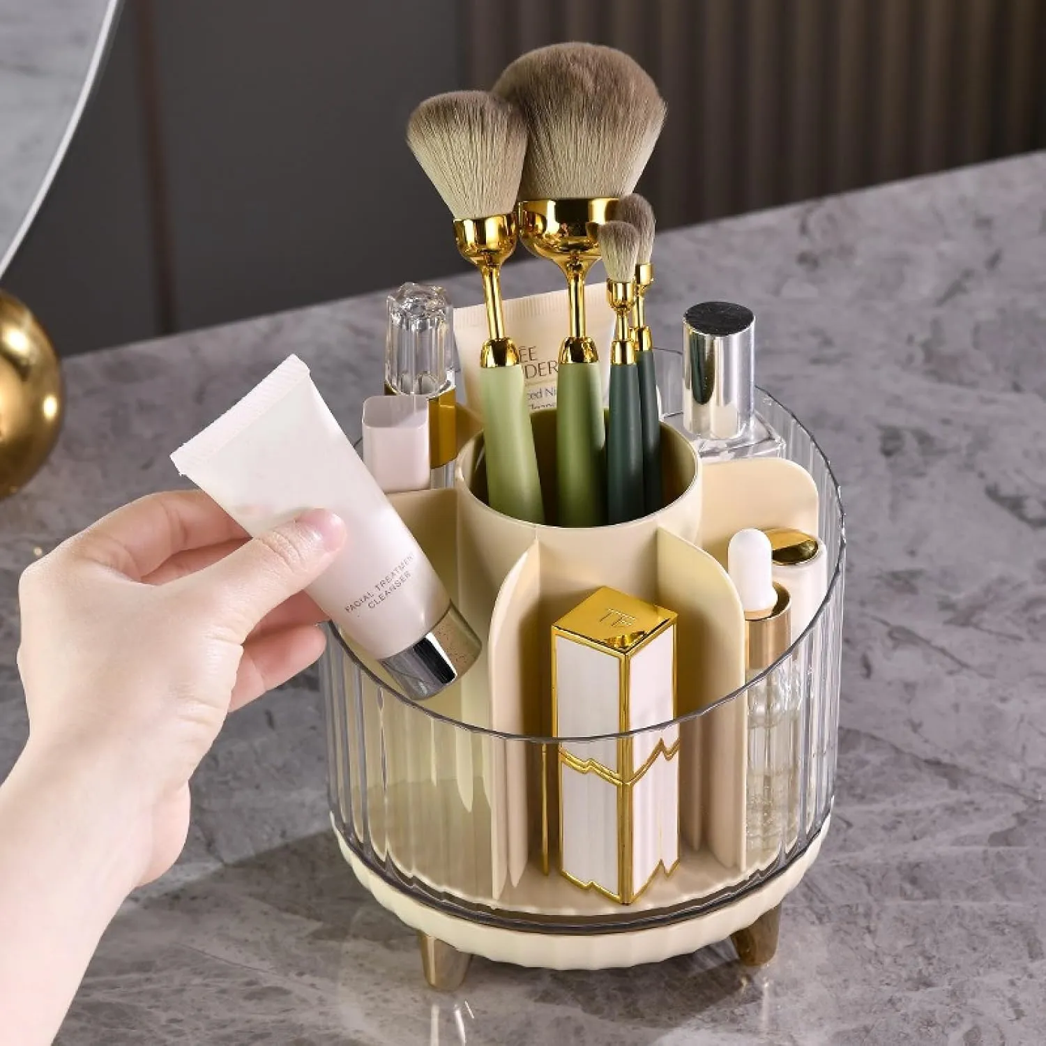 Rotating makeup storage box, shelf, barrel, tabletop, compartmentalized lipstick, eyeshadow, eyebrow, powder brush, dresser, makeup storage bucket, storage rack, 13.5*13.5*12.5cm, green