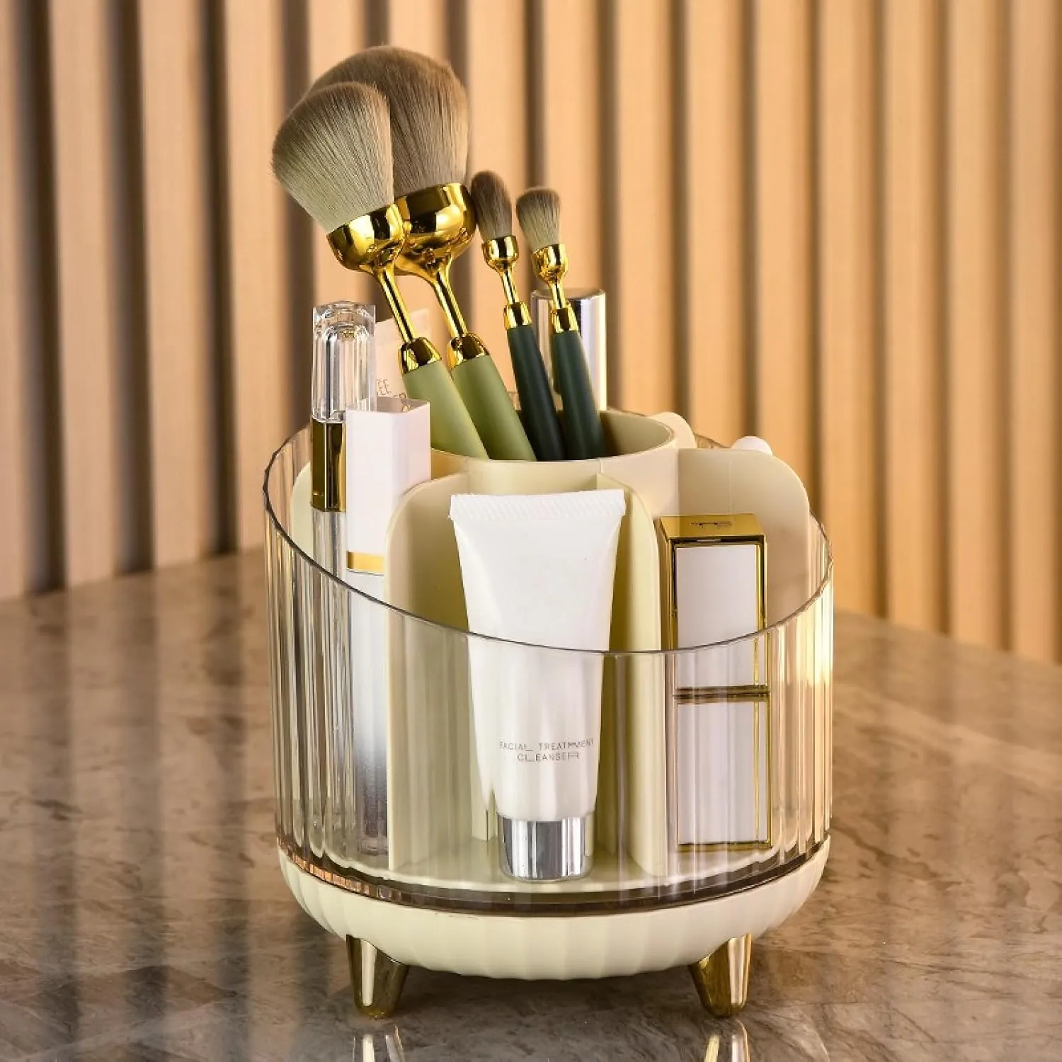 Rotating makeup storage box, shelf, barrel, tabletop, compartmentalized lipstick, eyeshadow, eyebrow, powder brush, dresser, makeup storage bucket, storage rack, 13.5*13.5*12.5cm, green