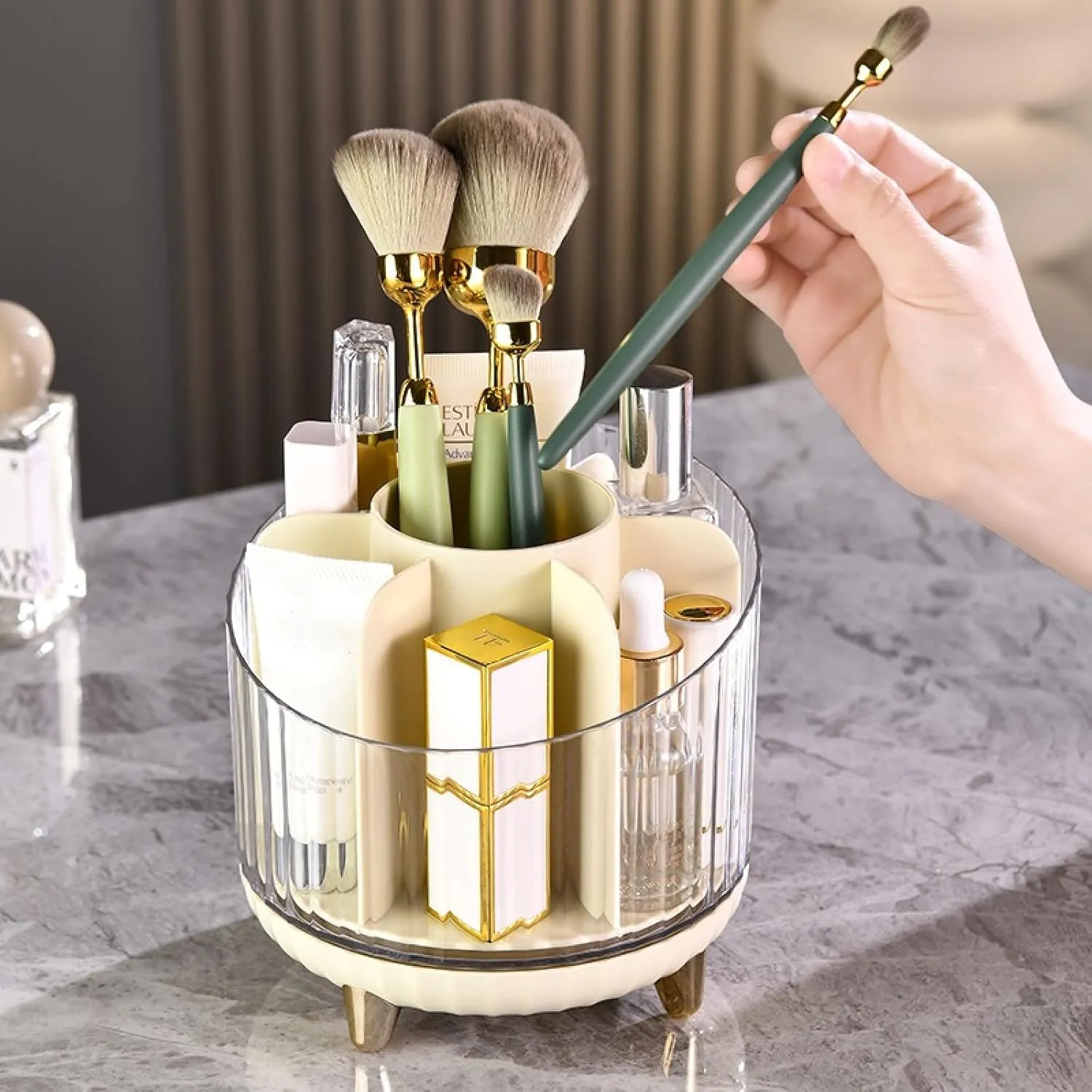 Rotating makeup storage box, shelf, barrel, tabletop, compartmentalized lipstick, eyeshadow, eyebrow, powder brush, dresser, makeup storage bucket, storage rack, 13.5*13.5*12.5cm, green