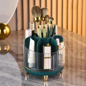 Rotating makeup storage box, shelf, barrel, tabletop, compartmentalized lipstick, eyeshadow, eyebrow, powder brush, dresser, makeup storage bucket, storage rack, 13.5*13.5*12.5cm, green