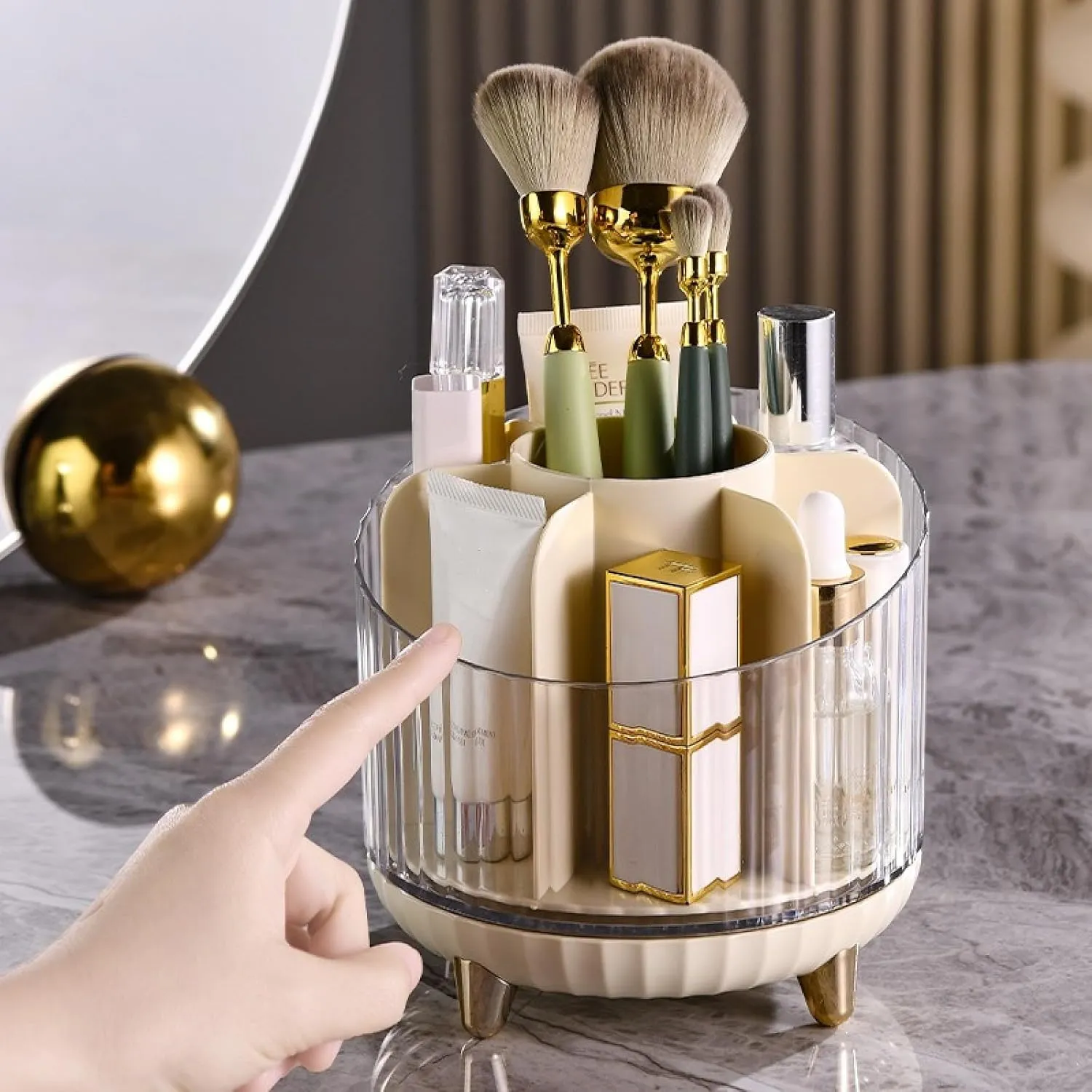 Rotating makeup storage box, shelf, barrel, tabletop, compartmentalized lipstick, eyeshadow, eyebrow, powder brush, dresser, makeup storage bucket, storage rack, 13.5*13.5*12.5cm, green