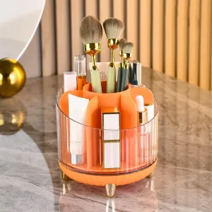 Rotating makeup storage box, shelf, barrel, tabletop, compartmentalized lipstick, eyeshadow, eyebrow, powder brush, dresser, makeup storage bucket, storage rack, 13.5*13.5*12.5cm, orange