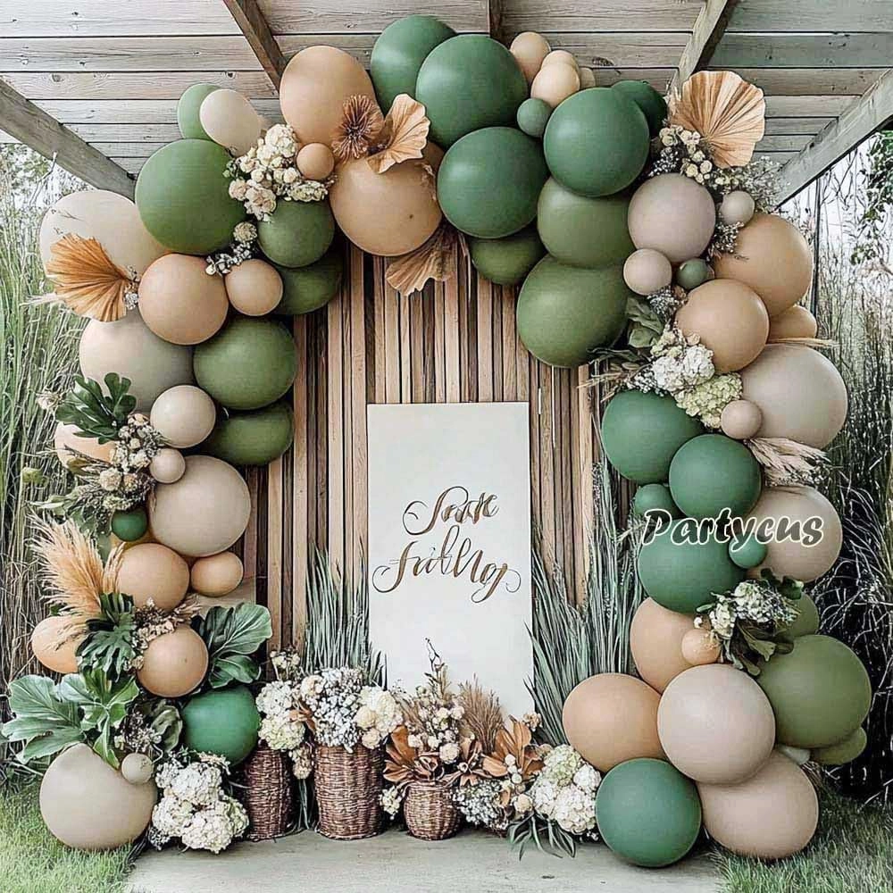 Sage Green Brown Balloon Arch Kit Double Stuffed Olive Dusty Green Tan White Sand Apricot Latex Balloon Garland for Neutral Baby Shower Birthday Safari Dinosaur Summer Party Decoration