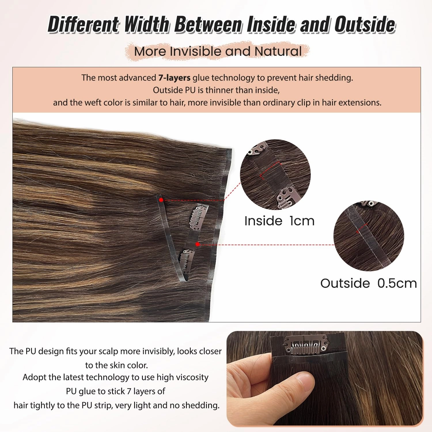 Seamless Clip in Human Hair Extensions, 24” PU Skin Weft Human Hair Clip in Extensions 100G 7 Pieces Dark Brown to Ash Brown Seamless Clip in Hair Extensions Human Hair Colored Tape Weft Clip ins Hair