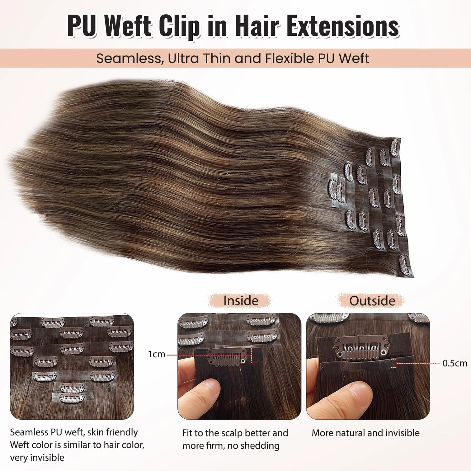 Seamless Clip in Human Hair Extensions, 24” PU Skin Weft Human Hair Clip in Extensions 100G 7 Pieces Dark Brown to Ash Brown Seamless Clip in Hair Extensions Human Hair Colored Tape Weft Clip ins Hair