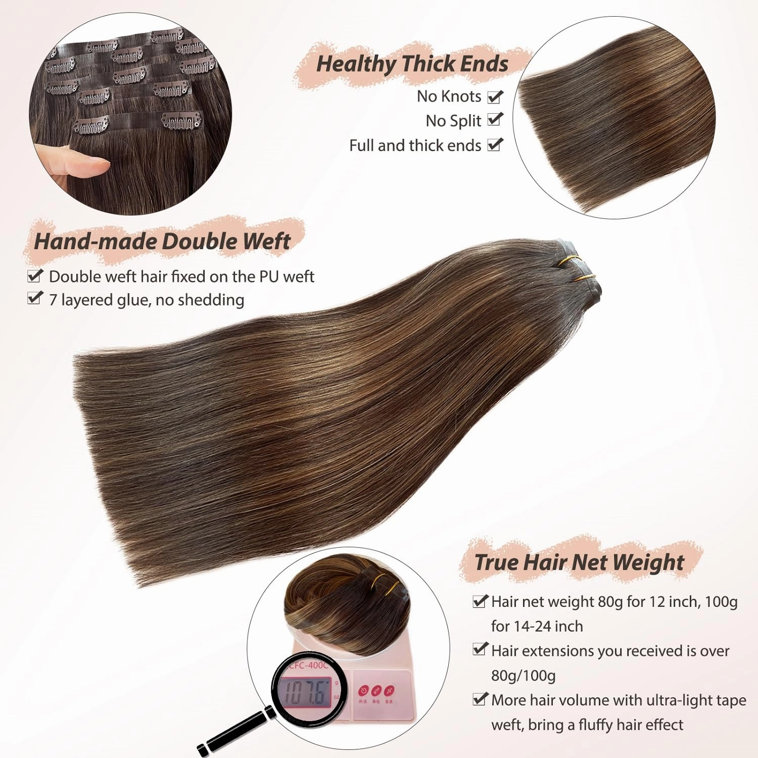 Seamless Clip in Human Hair Extensions, 24” PU Skin Weft Human Hair Clip in Extensions 100G 7 Pieces Dark Brown to Ash Brown Seamless Clip in Hair Extensions Human Hair Colored Tape Weft Clip ins Hair