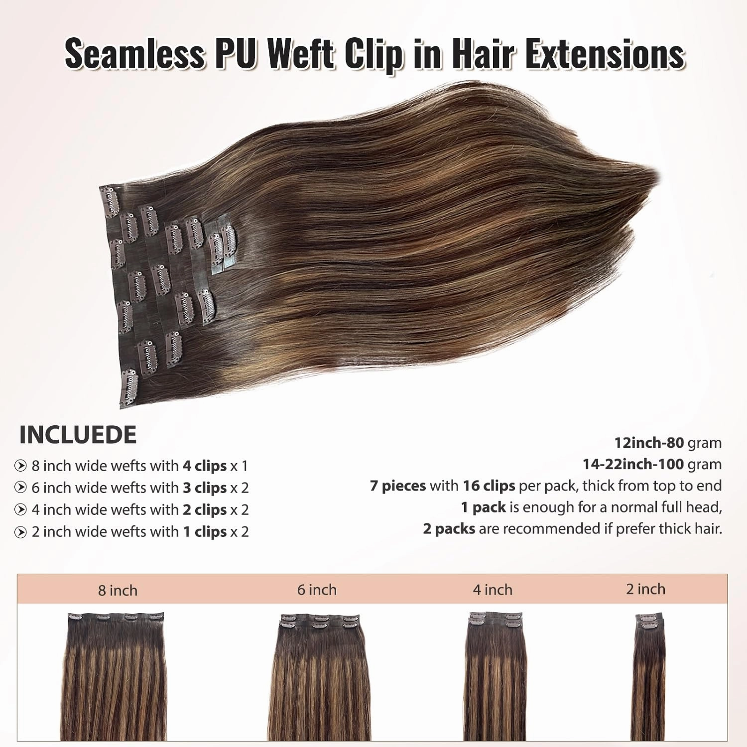 Seamless Clip in Human Hair Extensions, 24” PU Skin Weft Human Hair Clip in Extensions 100G 7 Pieces Dark Brown to Ash Brown Seamless Clip in Hair Extensions Human Hair Colored Tape Weft Clip ins Hair