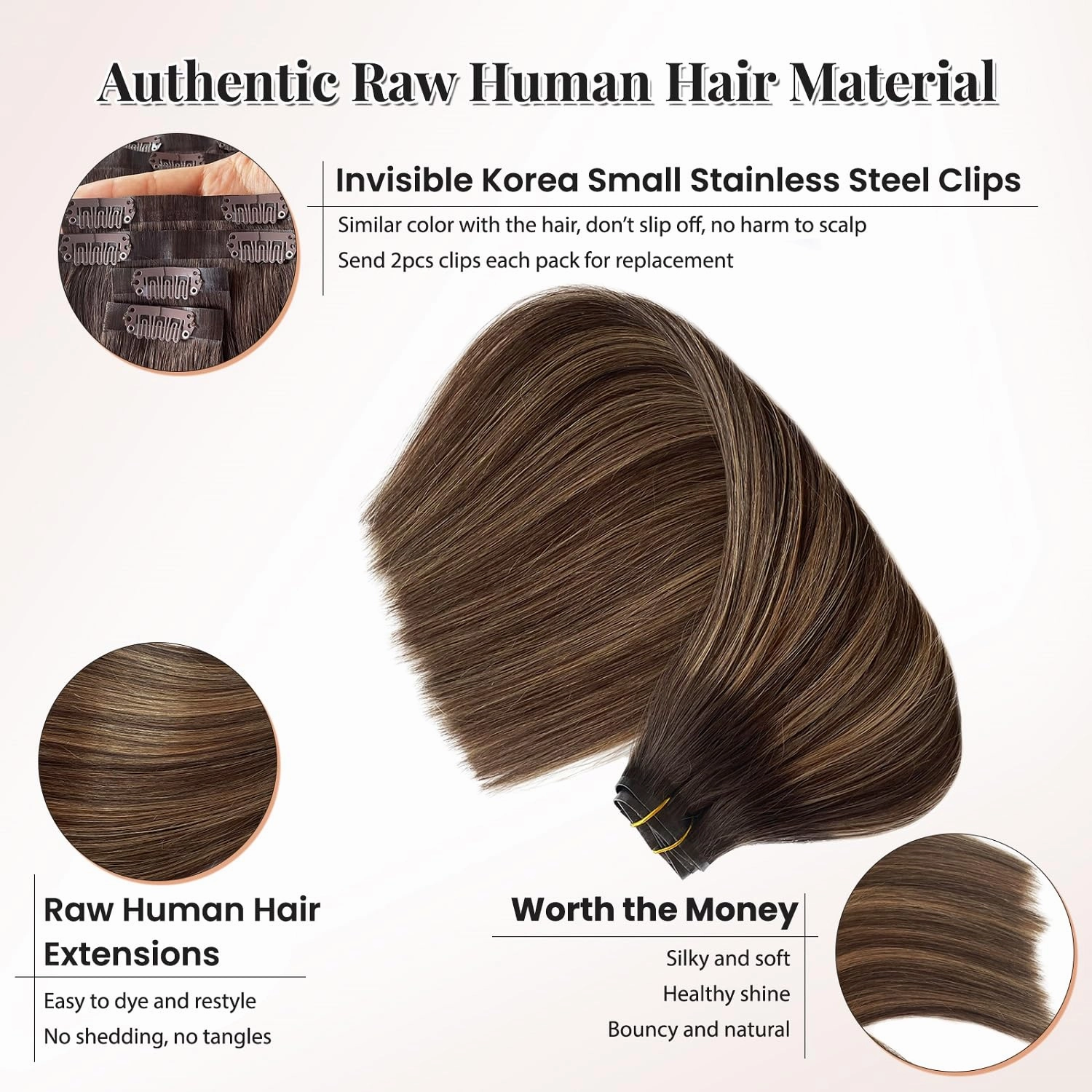 Seamless Clip in Human Hair Extensions, 24” PU Skin Weft Human Hair Clip in Extensions 100G 7 Pieces Dark Brown to Ash Brown Seamless Clip in Hair Extensions Human Hair Colored Tape Weft Clip ins Hair