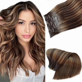 Seamless Clip in Human Hair Extensions, 24” PU Skin Weft Human Hair Clip in Extensions 100G 7 Pieces Dark Brown to Ash Brown Seamless Clip in Hair Extensions Human Hair Colored Tape Weft Clip ins Hair