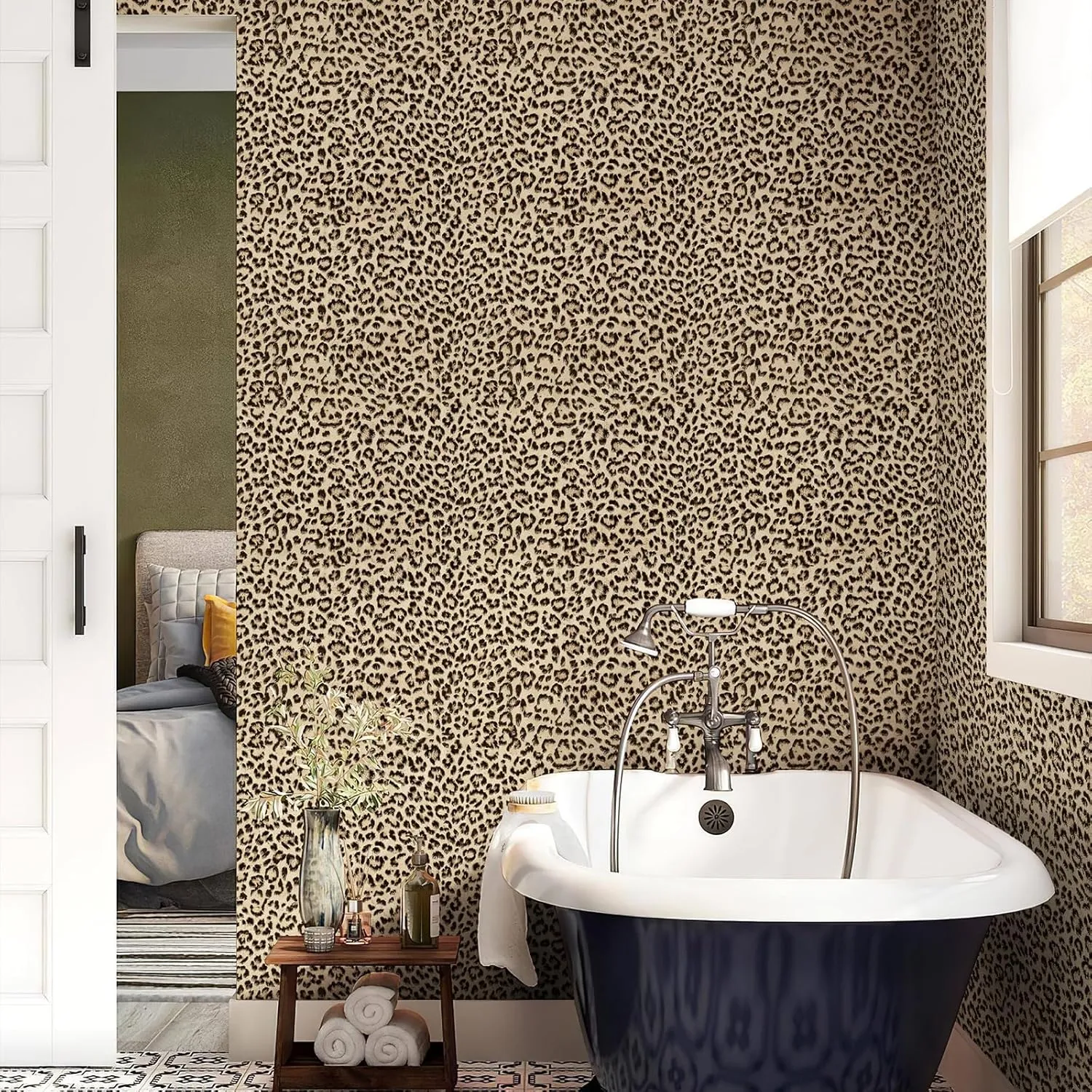 Simon&Siff Leopard Peel and Stick Wallpaper 17.3"x200" Black/Brown Vintage Animal Removable Wallpaper Renter Friendly Waterproof Modern Contact Paper for Bedroom Bathroom Cabinet