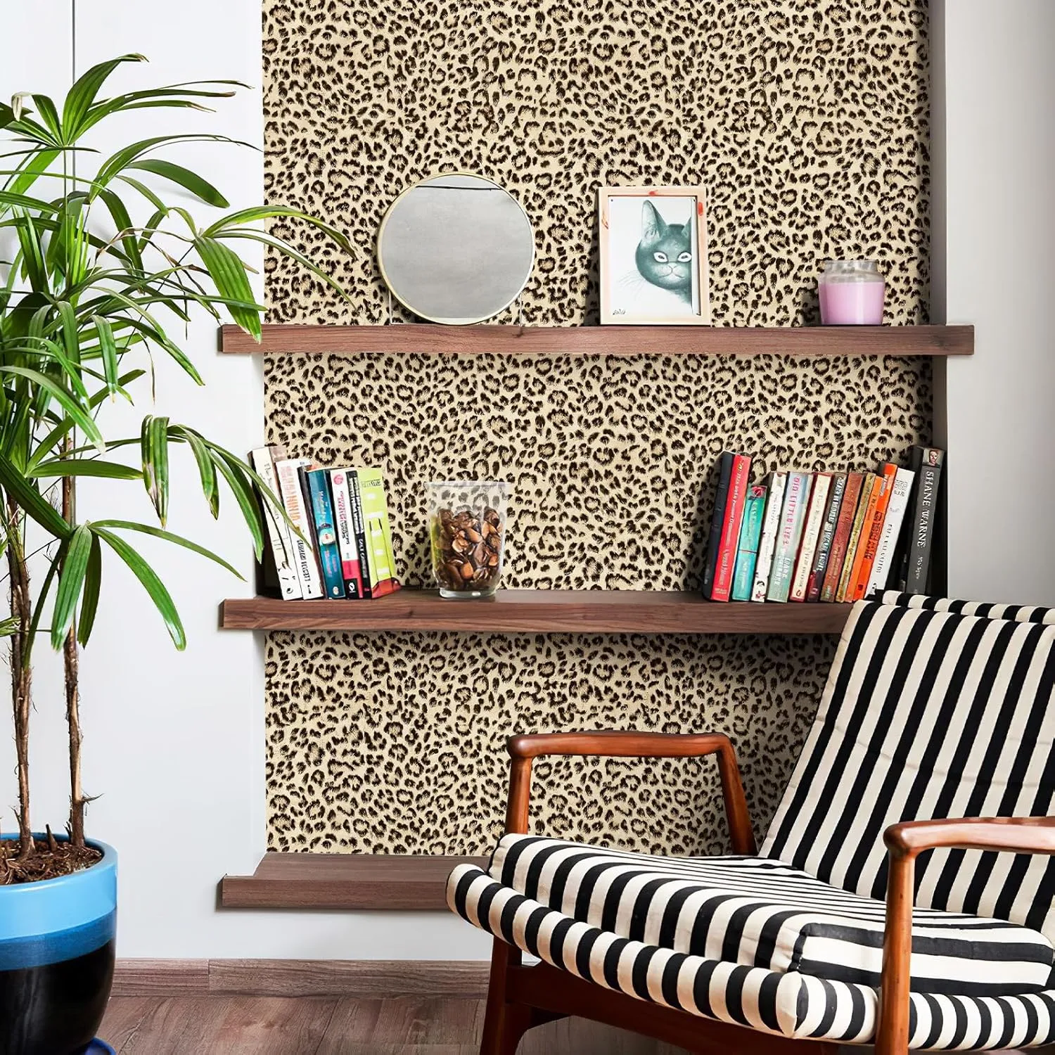 Simon&Siff Leopard Peel and Stick Wallpaper 17.3"x200" Black/Brown Vintage Animal Removable Wallpaper Renter Friendly Waterproof Modern Contact Paper for Bedroom Bathroom Cabinet