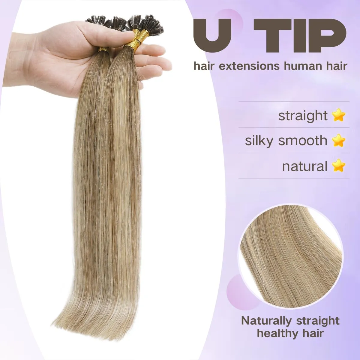 Sindra Keratin Nail Extension Tips Real Human Hair Balayage Darker Brown to Highlighted Blonde 18inch 50 Strand 50G Prebonded Fusion U Tip Hair Extensions Human Hair（Utip#3/8/22-18inch）