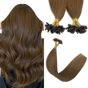 Sindra U Tip Hair Extensions - Chocolate Brown Color 18inch 50g 50 Strands Pre Bonded Fusion Extensions Straight - Keratin Real Human Hair（Utip#4-18inch）