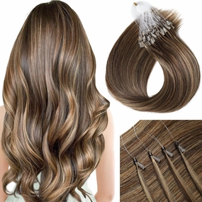Sisily Micro Link Human Hair Extensions - Ombre Chocolate Brown to Caramel Blonde Balayage Loop Ring Hair Extensions - Soft Cold Fusion Stick Tipped Straight