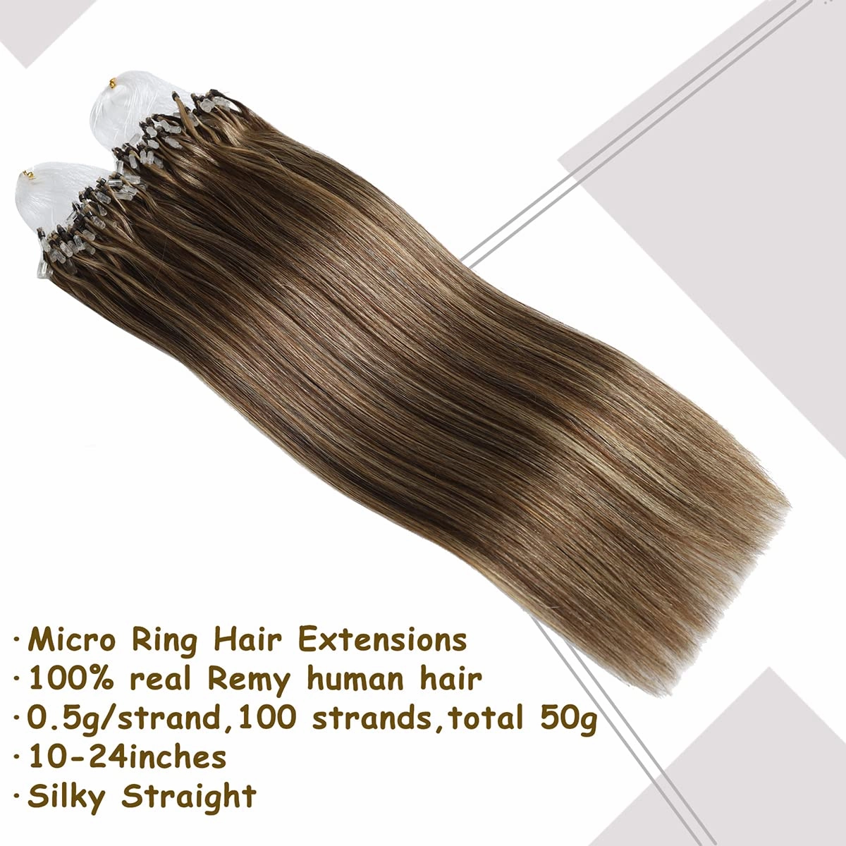 Sisily Micro Link Human Hair Extensions - Ombre Chocolate Brown to Caramel Blonde Balayage Loop Ring Hair Extensions - Soft Cold Fusion Stick Tipped Straight