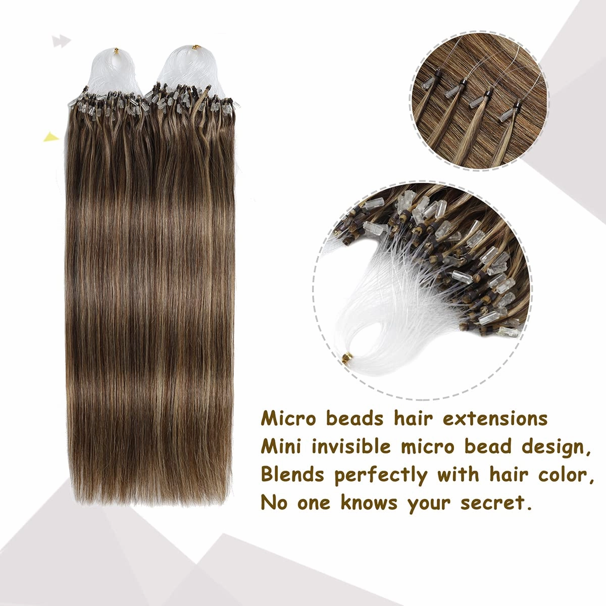 Sisily Micro Link Human Hair Extensions - Ombre Chocolate Brown to Caramel Blonde Balayage Loop Ring Hair Extensions - Soft Cold Fusion Stick Tipped Straight