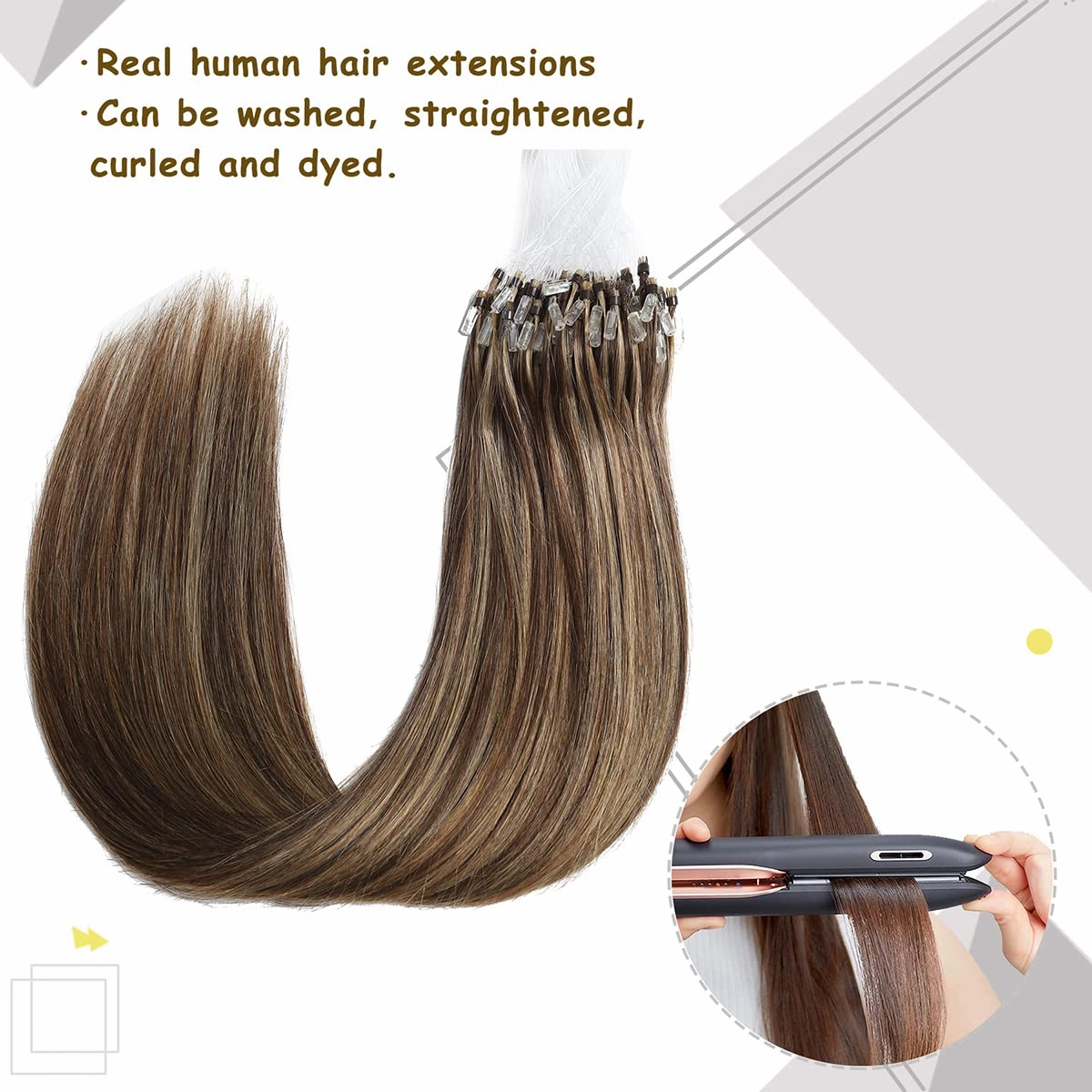 Sisily Micro Link Human Hair Extensions - Ombre Chocolate Brown to Caramel Blonde Balayage Loop Ring Hair Extensions - Soft Cold Fusion Stick Tipped Straight
