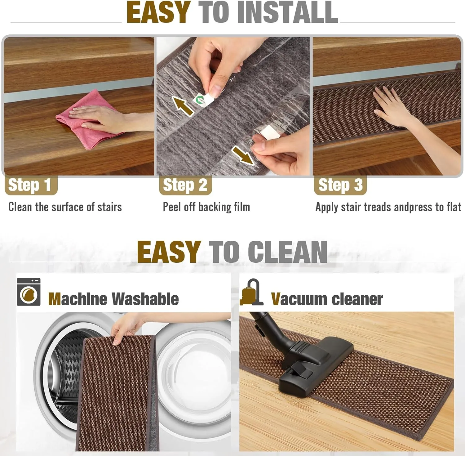 Stair Treads Non Slip for Wooden Steps Indoor 4 Pack 8" X 30" Carpet Stairs Runner for Wood Stairs, Stair Tread Rugs with Reusable Adhesive for Dogs Kids and Elders, Machine Washable, Brown