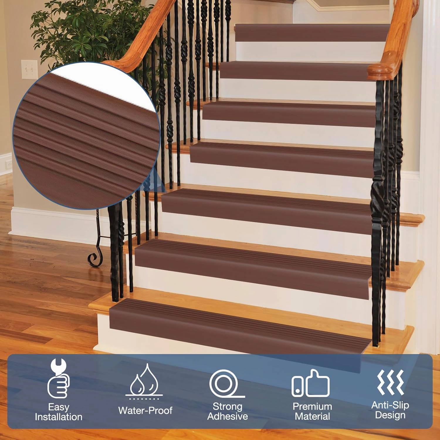 Stair Edge Trim Self Adhesive Vinyl Stair Nosing Molding Trim Non-Slip Rubber Nose Protector Peel and Stick Anti-Slip Edging for Indoor & Outdoor Use (Brown, 4 in x 10 Ft)