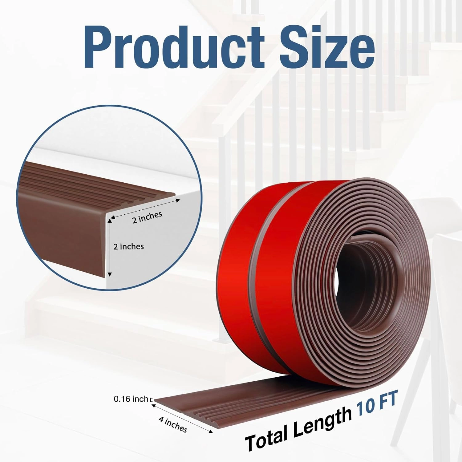 Stair Edge Trim Self Adhesive Vinyl Stair Nosing Molding Trim Non-Slip Rubber Nose Protector Peel and Stick Anti-Slip Edging for Indoor & Outdoor Use (Brown, 4 in x 10 Ft)