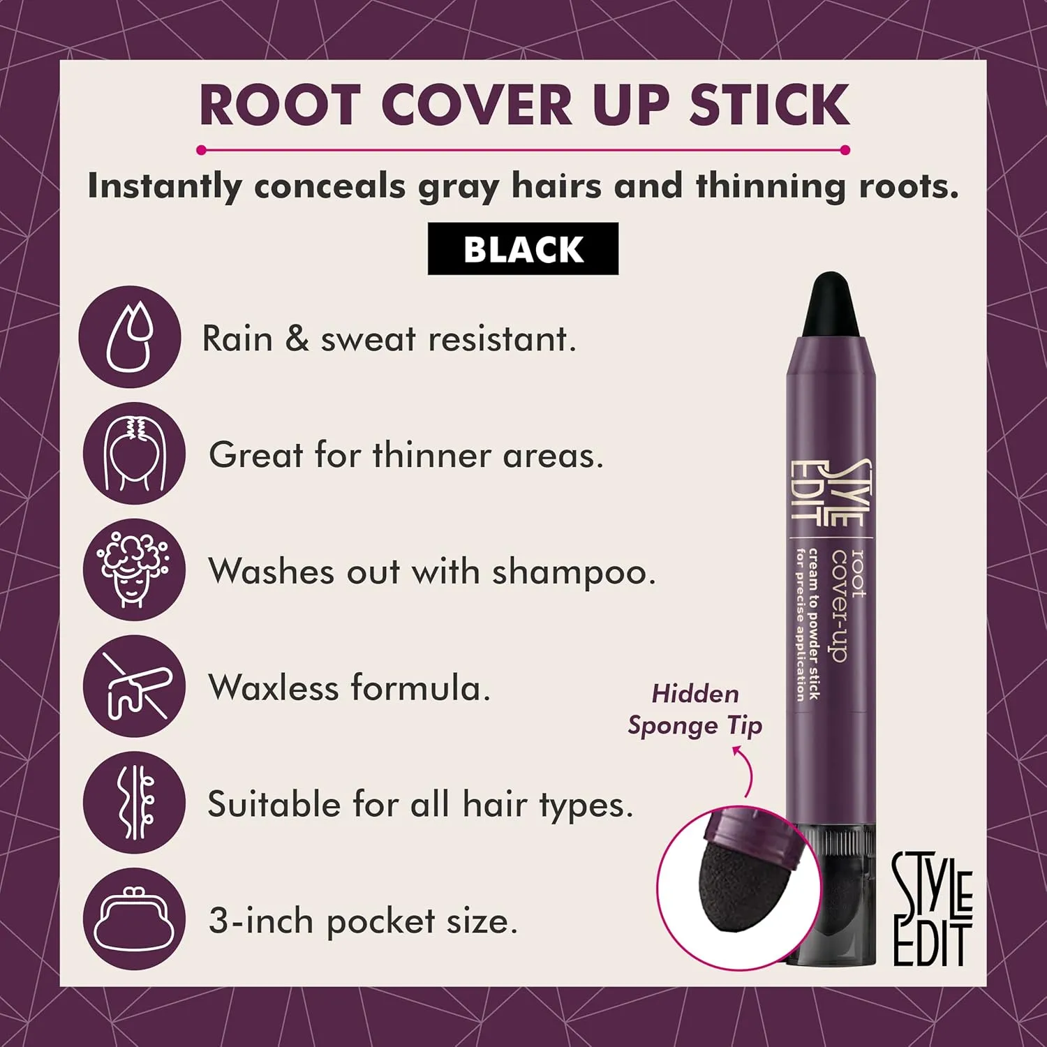Style Edit Root Touch Up Stick - Temporary Root Concealer and Black Hair Color for Gray Coverage, Premium Shading Sponge Pen for Hair Makeup, 0.11 oz