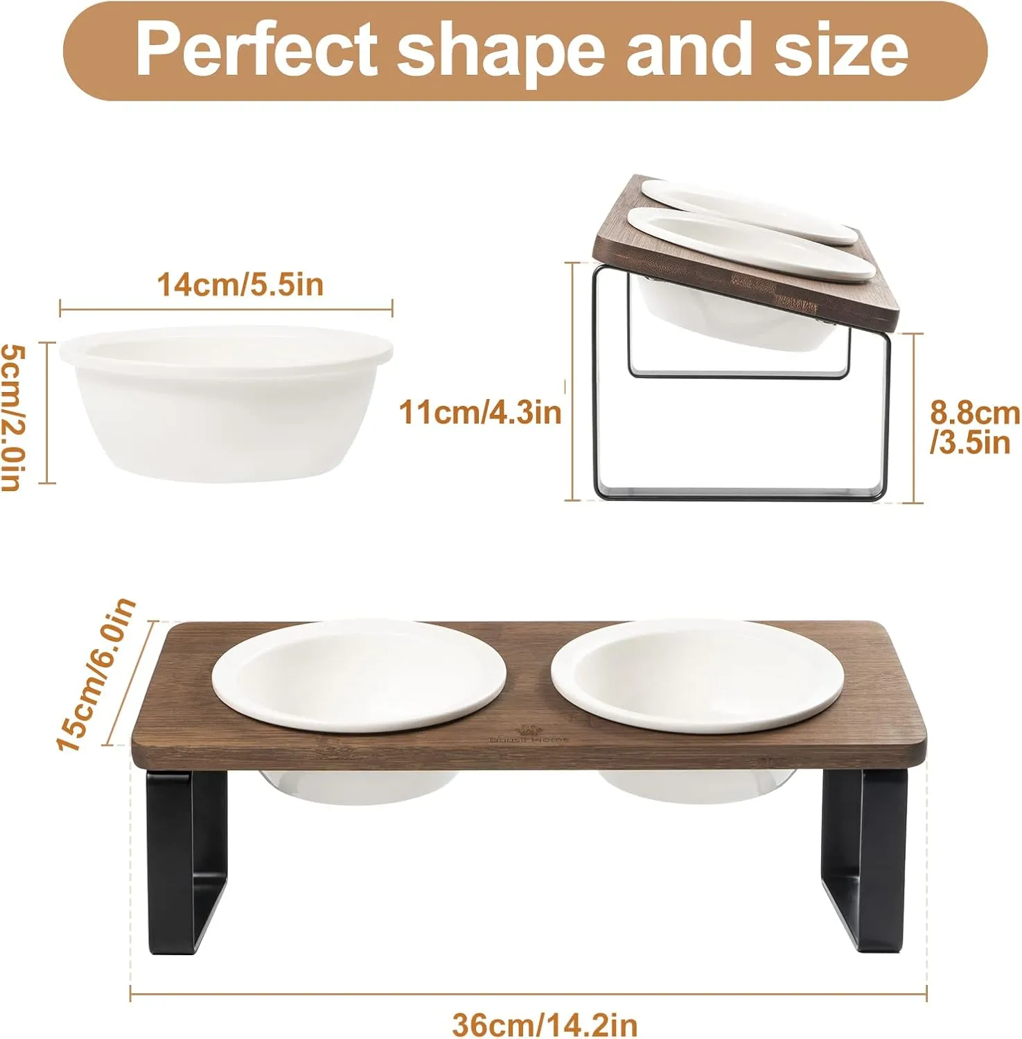Sunhoo Ceramic Elevated Cat Bowls, Raised Puppy Dishes for Food and Water, Tilted Bamboo Stand for Anti Vomiting, Indoor 5.5 inch Wide Double Dish Orthopedic Anti-Vomiting (Brown)