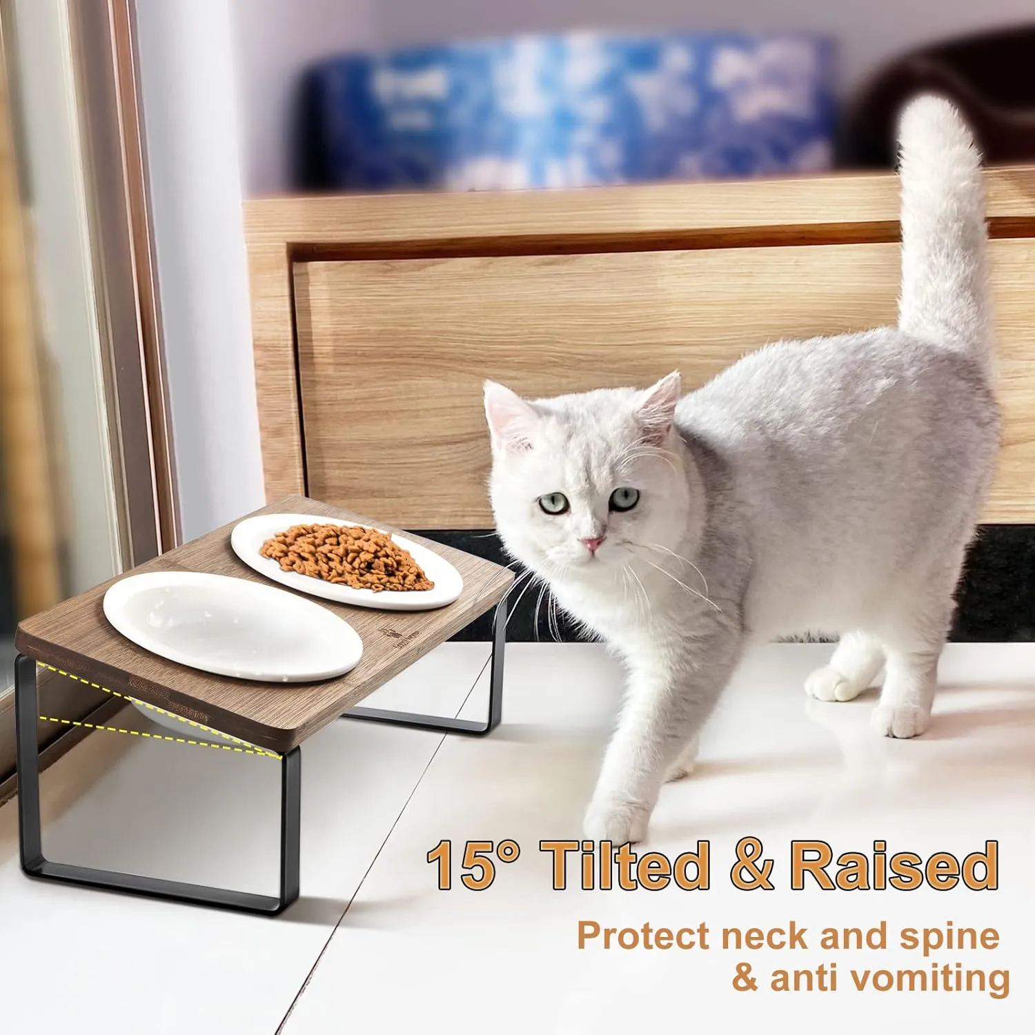 Sunhoo Ceramic Elevated Cat Bowls, Raised Puppy Dishes for Food and Water, Tilted Bamboo Stand for Anti Vomiting, Indoor 5.5 inch Wide Double Dish Orthopedic Anti-Vomiting (Brown)