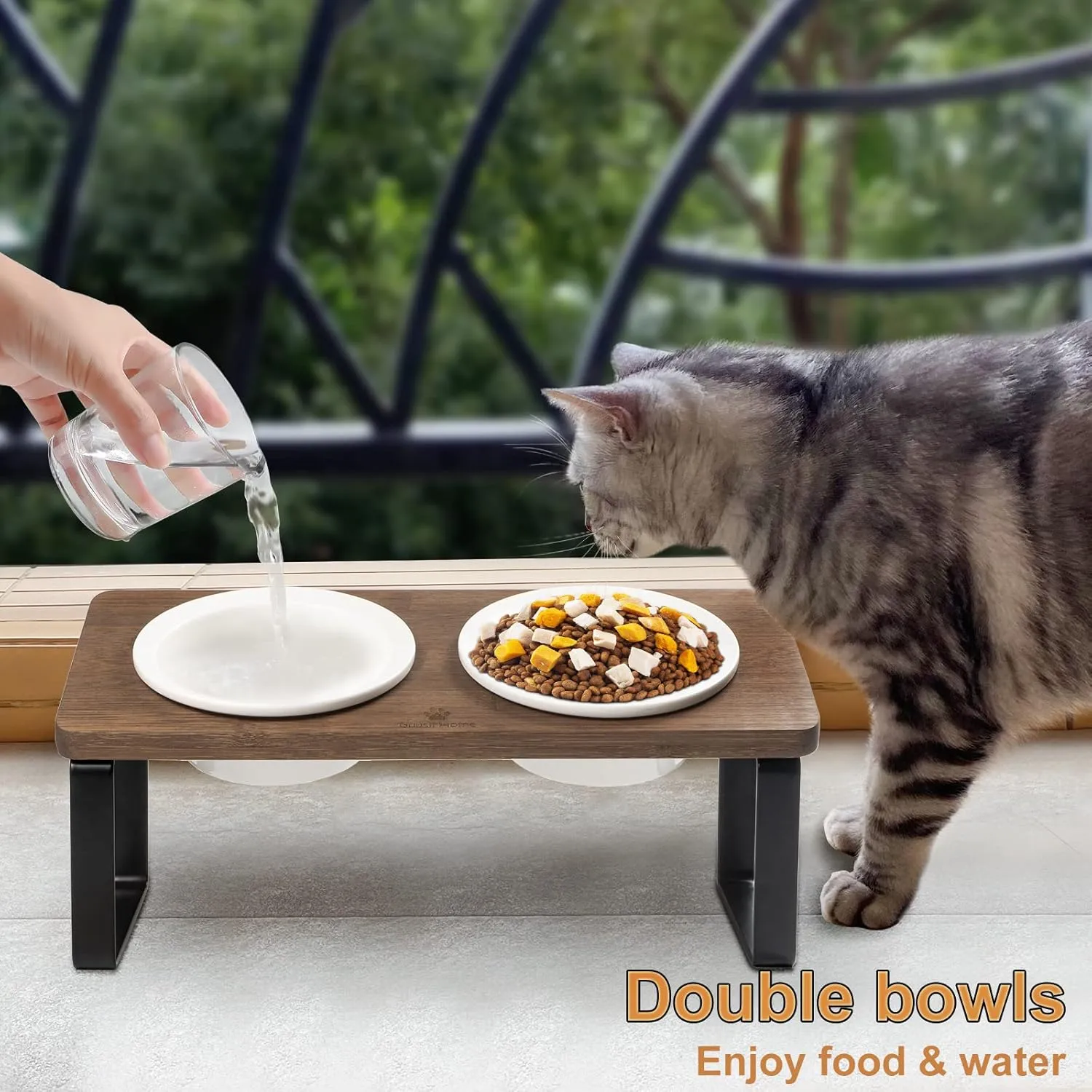 Sunhoo Ceramic Elevated Cat Bowls, Raised Puppy Dishes for Food and Water, Tilted Bamboo Stand for Anti Vomiting, Indoor 5.5 inch Wide Double Dish Orthopedic Anti-Vomiting (Brown)