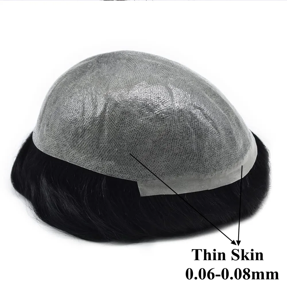 Super Thin Skin Mens Toupee Men's Human Hair System 0.06mm PU Poly V-Looped Toupee for Men 8x10" Human Hair Replacement for Men Black Brown Blonde Gray Hairpieces 90% Light Density-1B# Natural Black