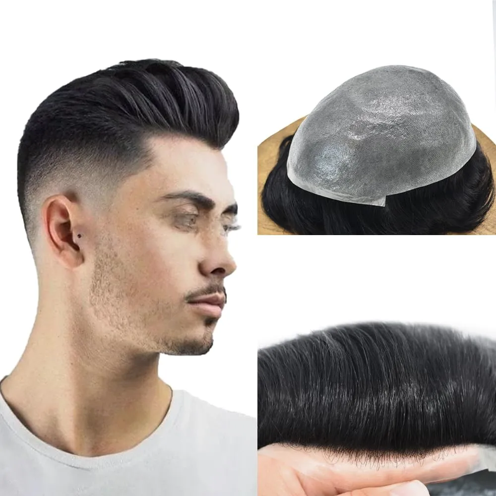Super Thin Skin Mens Toupee Men's Human Hair System 0.06mm PU Poly V-Looped Toupee for Men 8x10" Human Hair Replacement for Men Black Brown Blonde Gray Hairpieces 90% Light Density-1B# Natural Black