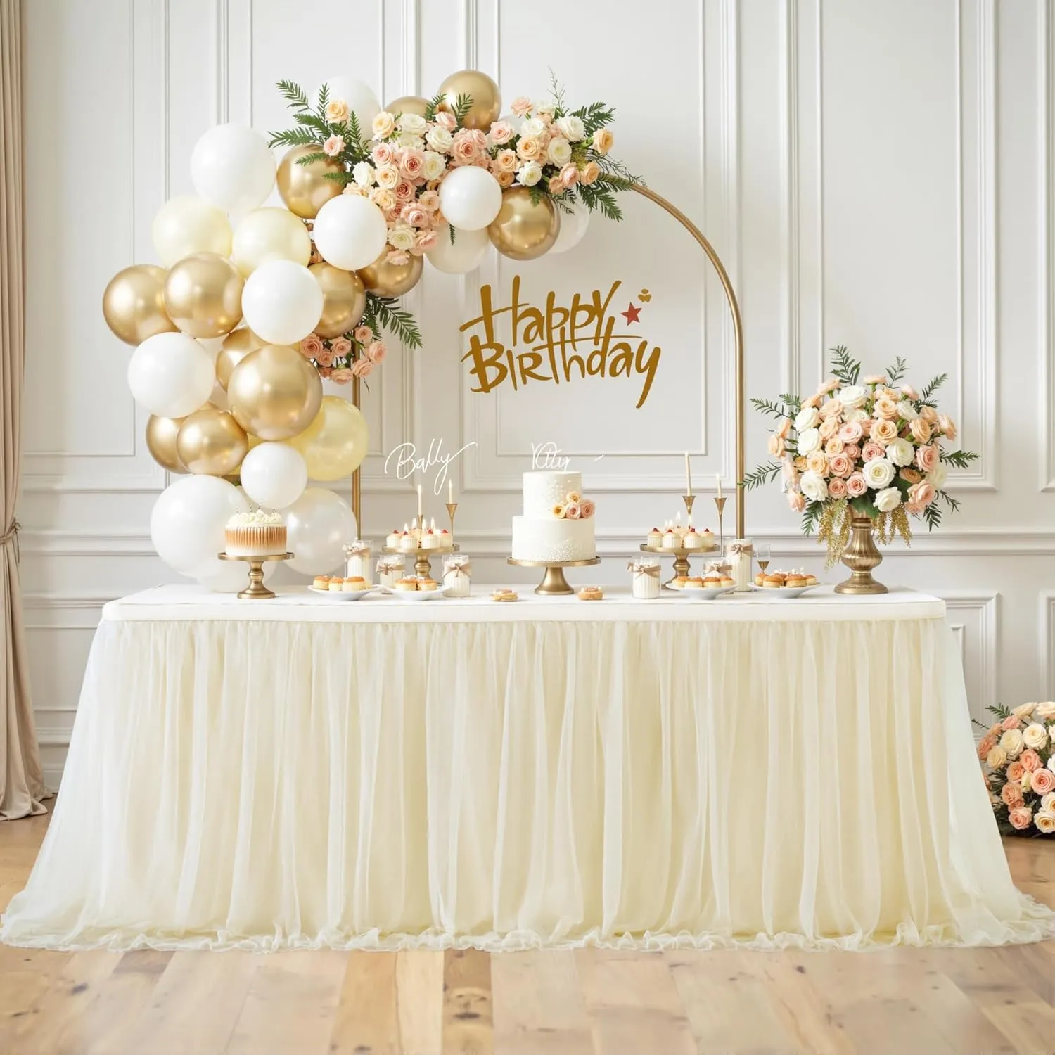 Suppromo Champagne Tulle Table Skirt for Birthday Party 6ft Champagne Tutu Table Cloths for Weddings Baby Shower Bridal Shower Dessert Cake Table Decorations