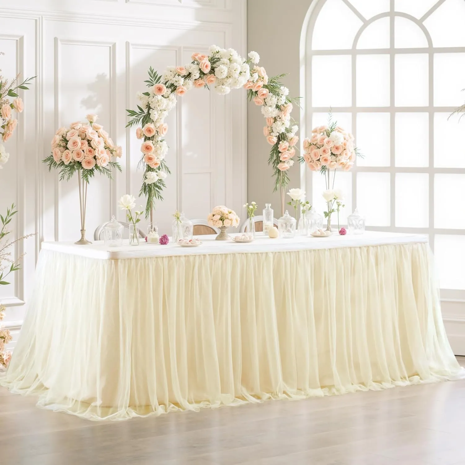 Suppromo Champagne Tulle Table Skirt for Birthday Party 6ft Champagne Tutu Table Cloths for Weddings Baby Shower Bridal Shower Dessert Cake Table Decorations