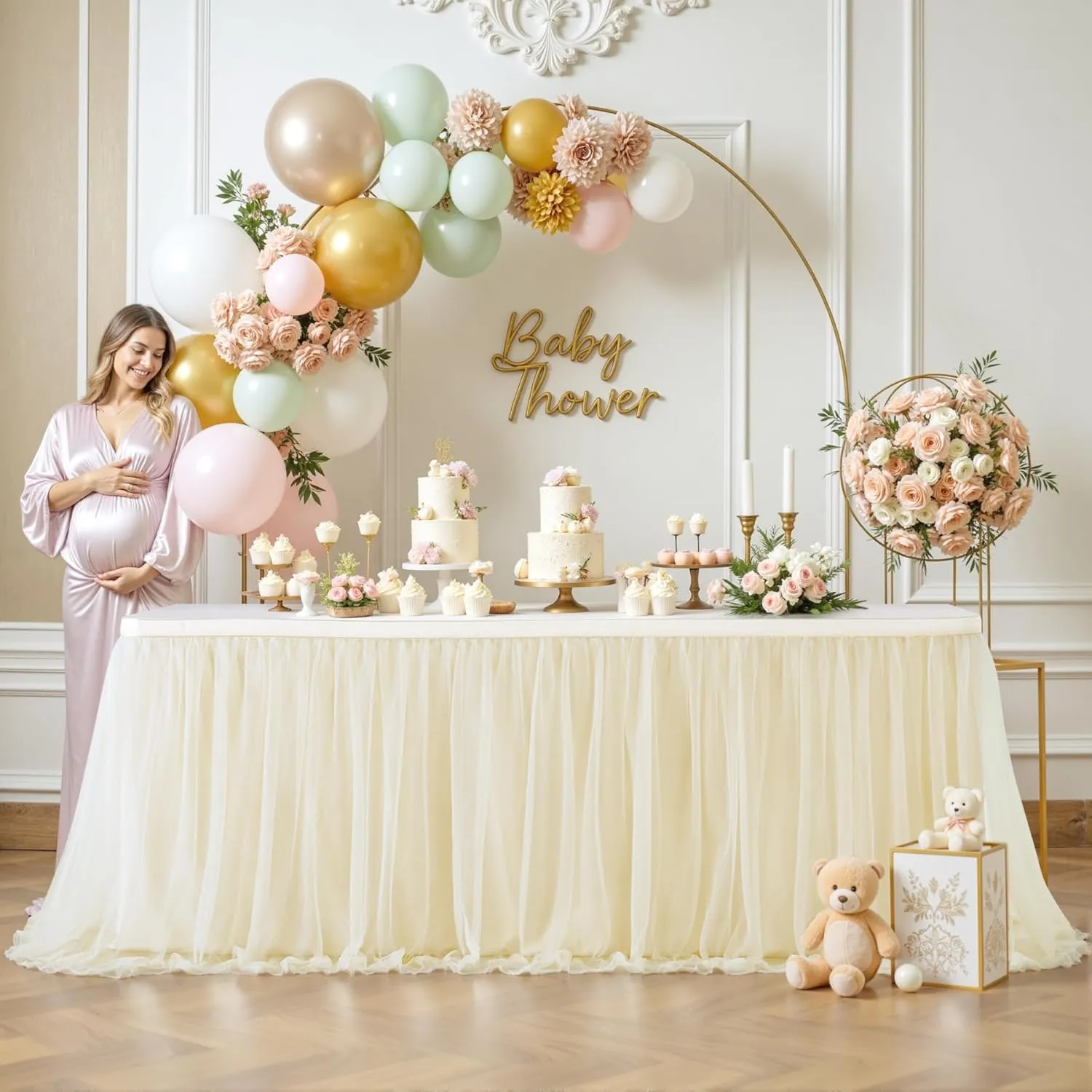 Suppromo Champagne Tulle Table Skirt for Birthday Party 6ft Champagne Tutu Table Cloths for Weddings Baby Shower Bridal Shower Dessert Cake Table Decorations