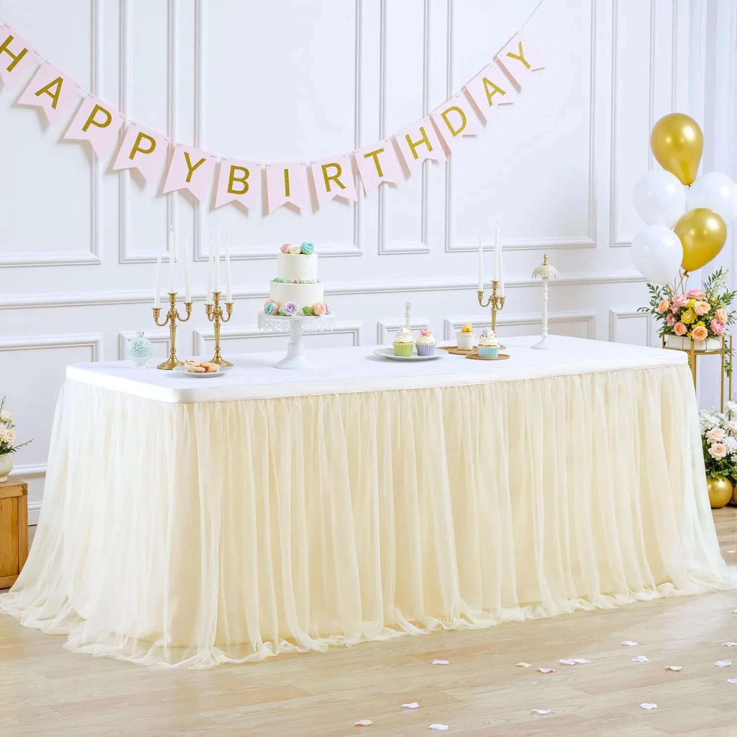 Suppromo Champagne Tulle Table Skirt for Birthday Party 6ft Champagne Tutu Table Cloths for Weddings Baby Shower Bridal Shower Dessert Cake Table Decorations