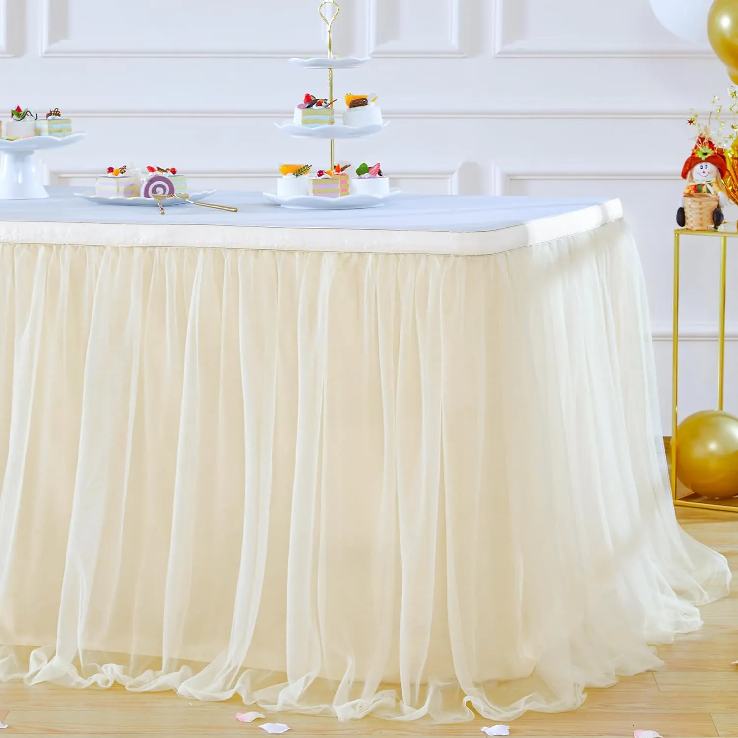 Suppromo Champagne Tulle Table Skirt for Birthday Party 6ft Champagne Tutu Table Cloths for Weddings Baby Shower Bridal Shower Dessert Cake Table Decorations