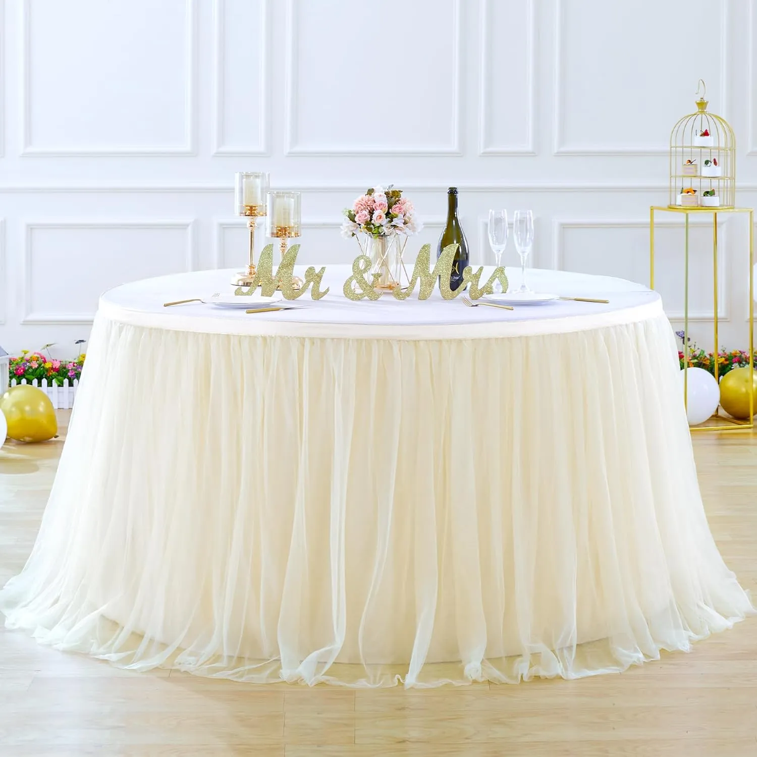 Suppromo Champagne Tulle Table Skirt for Birthday Party 6ft Champagne Tutu Table Cloths for Weddings Baby Shower Bridal Shower Dessert Cake Table Decorations