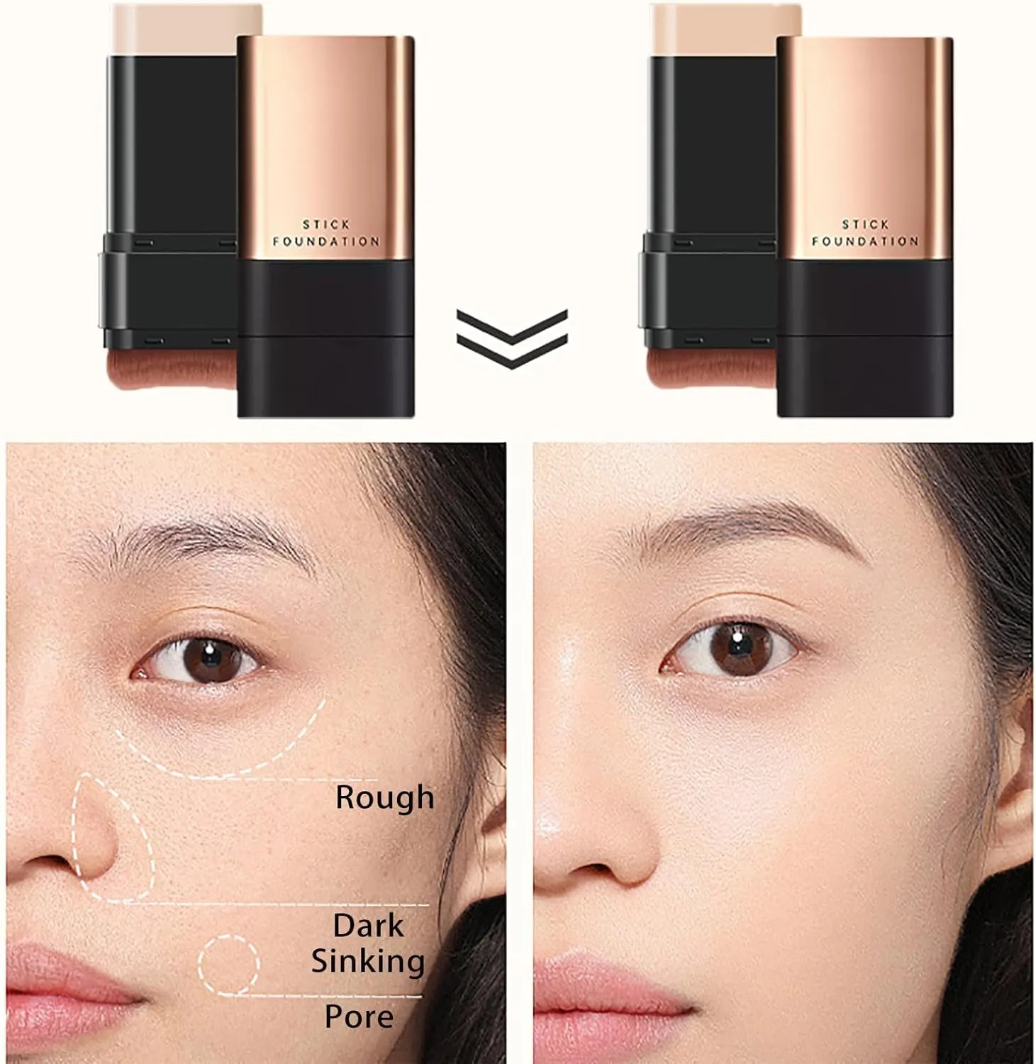 Synthetic Foundation Stick, Anti Wrinkle Foundation Stick, 2 in 1- Luxury Anti-Wrinkle Foudation Stick, Instant Concealing Foundation Stick with Built-in Brush-2pcs