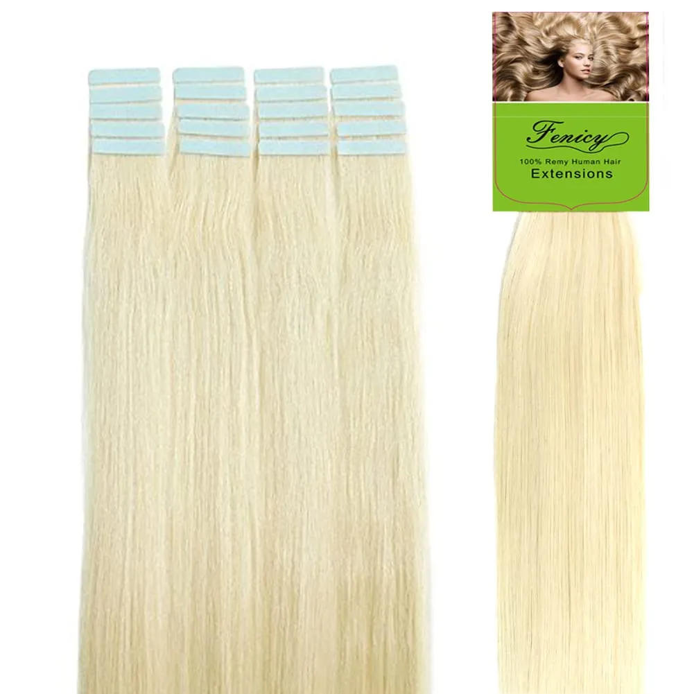 Tape-in Hair Extensions - Blonde Seamless Invisible Tape-on Human Hair Extensions - Platinum Blonde Double Sided Adhesive Skin Wefts - Remy Brazilian Hair Straight #60 24 Inch 20pcs 70g